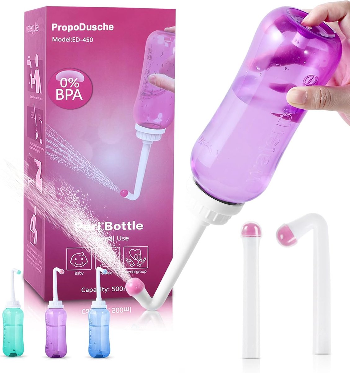 SnelShoppen - Portable Bidet Shower Popo Shower 500ml met 2 Nozzles, Intieme Peri Bottle Bidet voor Mannen en Vrouwen, Ideaal voor Thuis, Camping en T