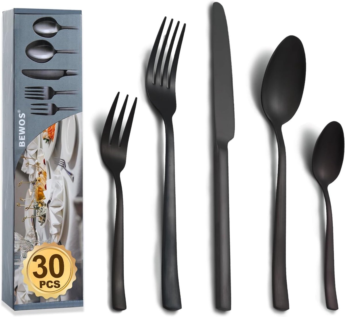 SnelShoppen - Luxe 30-delig Bestekset voor 6 Personen, RVS, Mat Zwart, Bestek met Messen, Vorken en Lepels, Geschikt voor Feesten, Bruiloften en Picni
