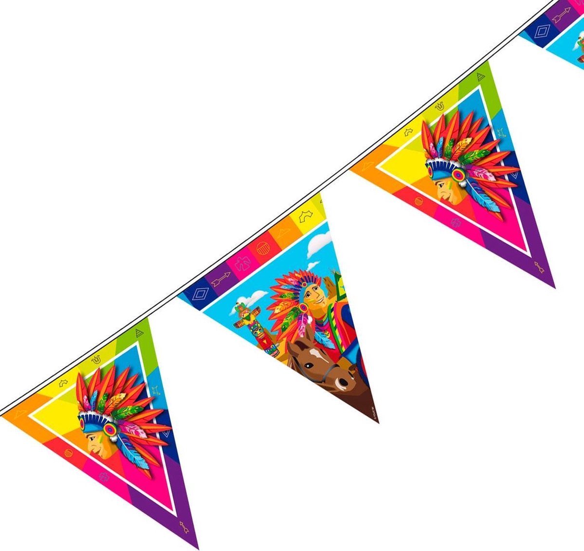 3 x Vlaggenlijn Indianen - 30 meter , Dubbelzijdig bedrukt , Verjaardag, Themafeest. Kinderfeestje.