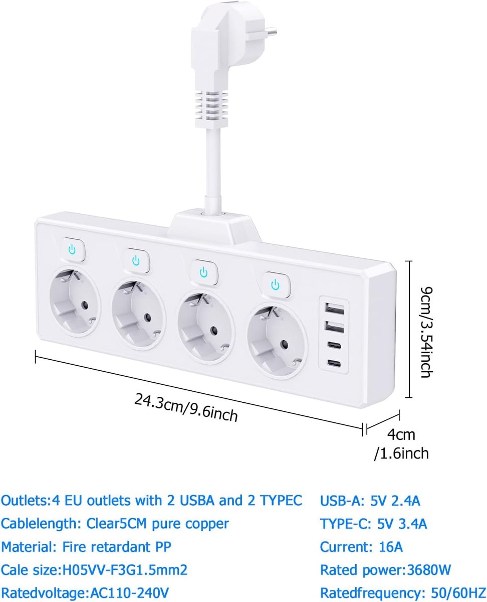 Thijox - Stekkerdoos met USB, 4 Stopcontacten, 2 USB-A en 2 Type-C Poorten, 16A/3680W, Ideaal voor Thuis, Kantoor, Reis en Keuken