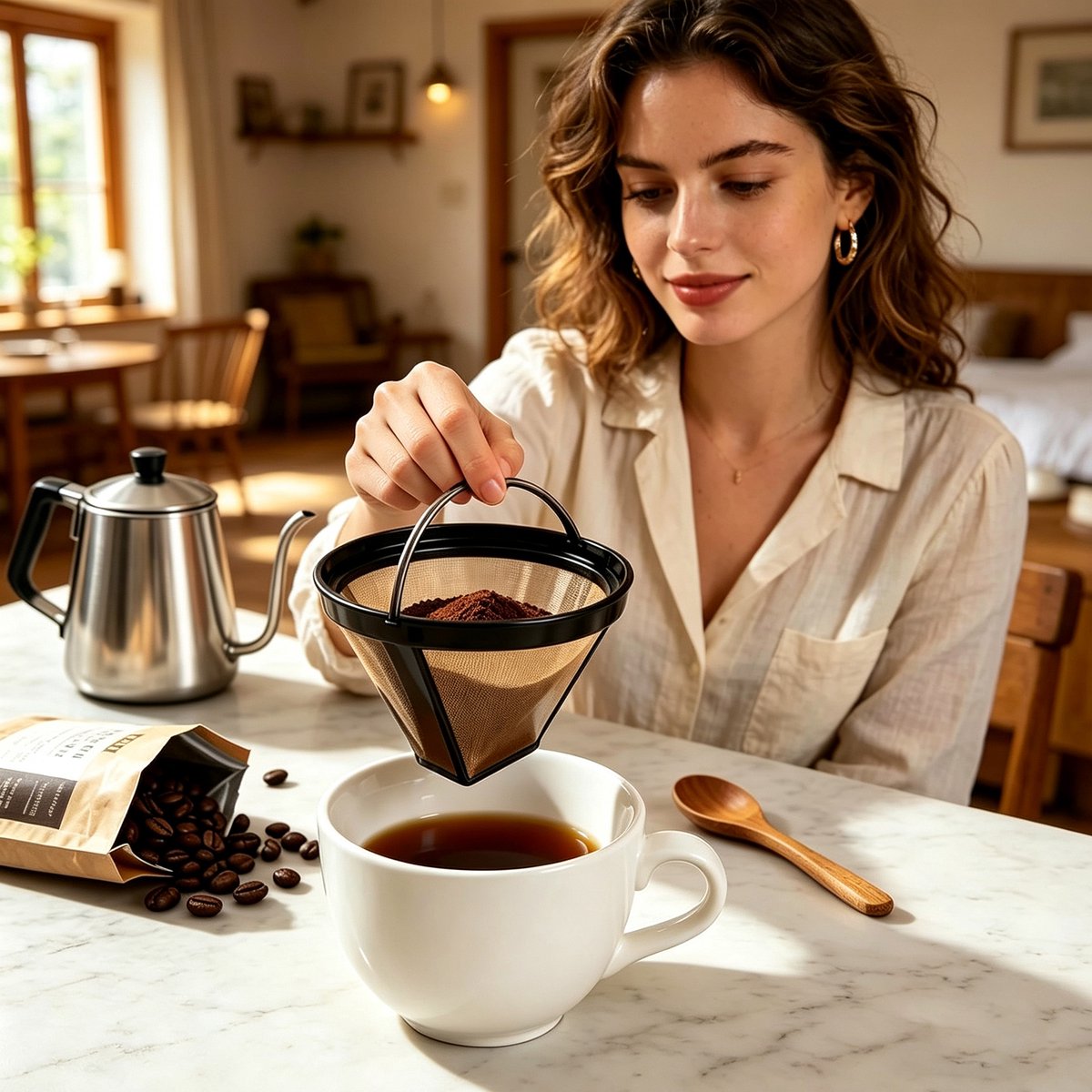 Kaiyaya - Herbruikbare Koffiefilter Set van 2 Stuks - 100 Mesh, RVS Goud - Fijnmazig, Vaatwasserbestendig - voor Koffiezetten, Milieu, Dagelijks - 2 Stuks — cadeau in Kookcadeaus - foto 3