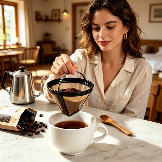 Een vrouw met een beige blouse maakt koffie met een goudkleurig filter boven een witte kop in een lichte woonkamer.