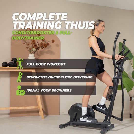 Vrouw op een zwarte crosstrainer in een woonkamer, met tekst over full body workout.