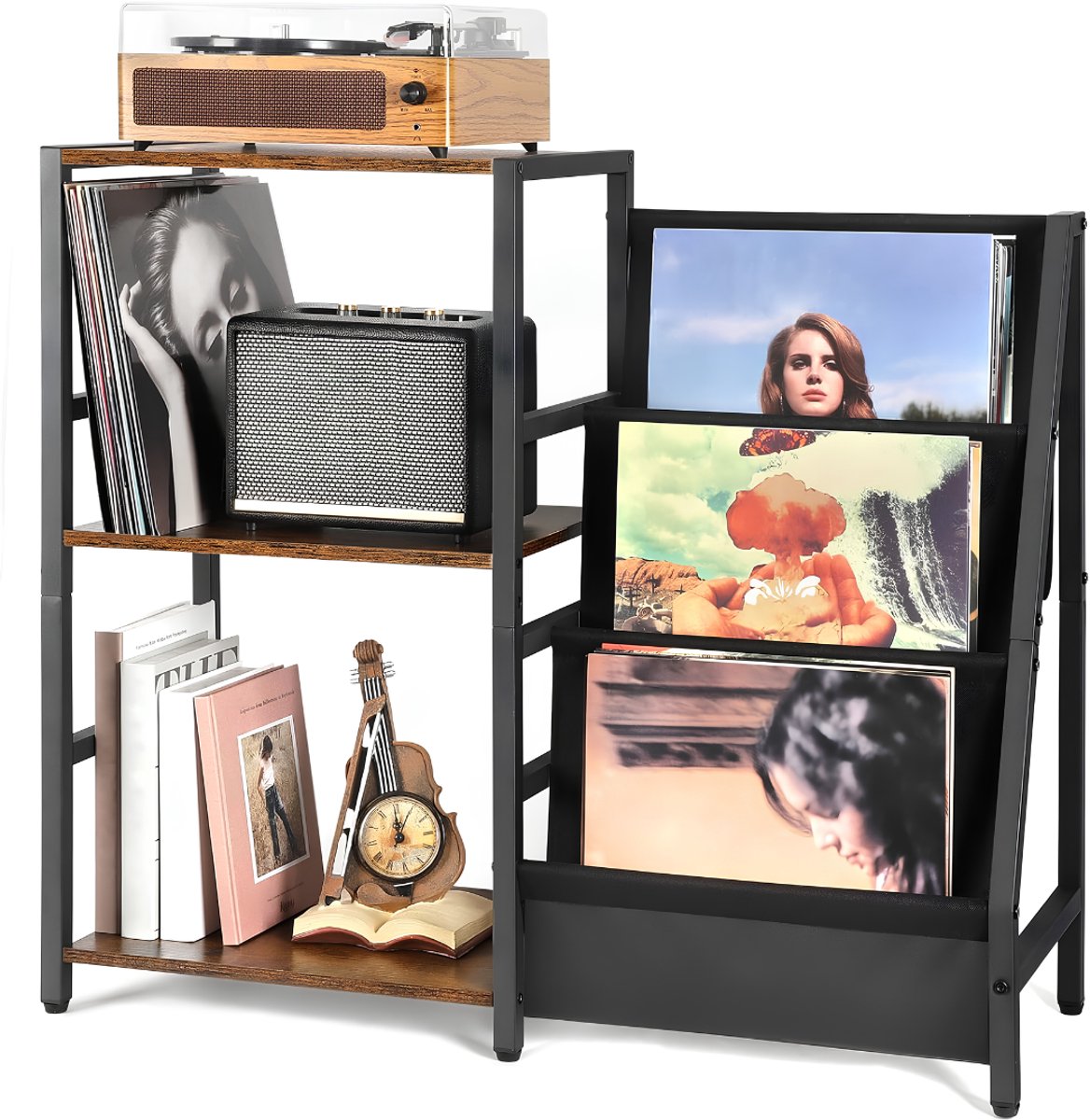 SP® Platenspeler Meubel - 3 Laag - Platenspelerkast - LP Opbergsysteem - Zwart/Bruin - 30cm x 84cm x 74cm