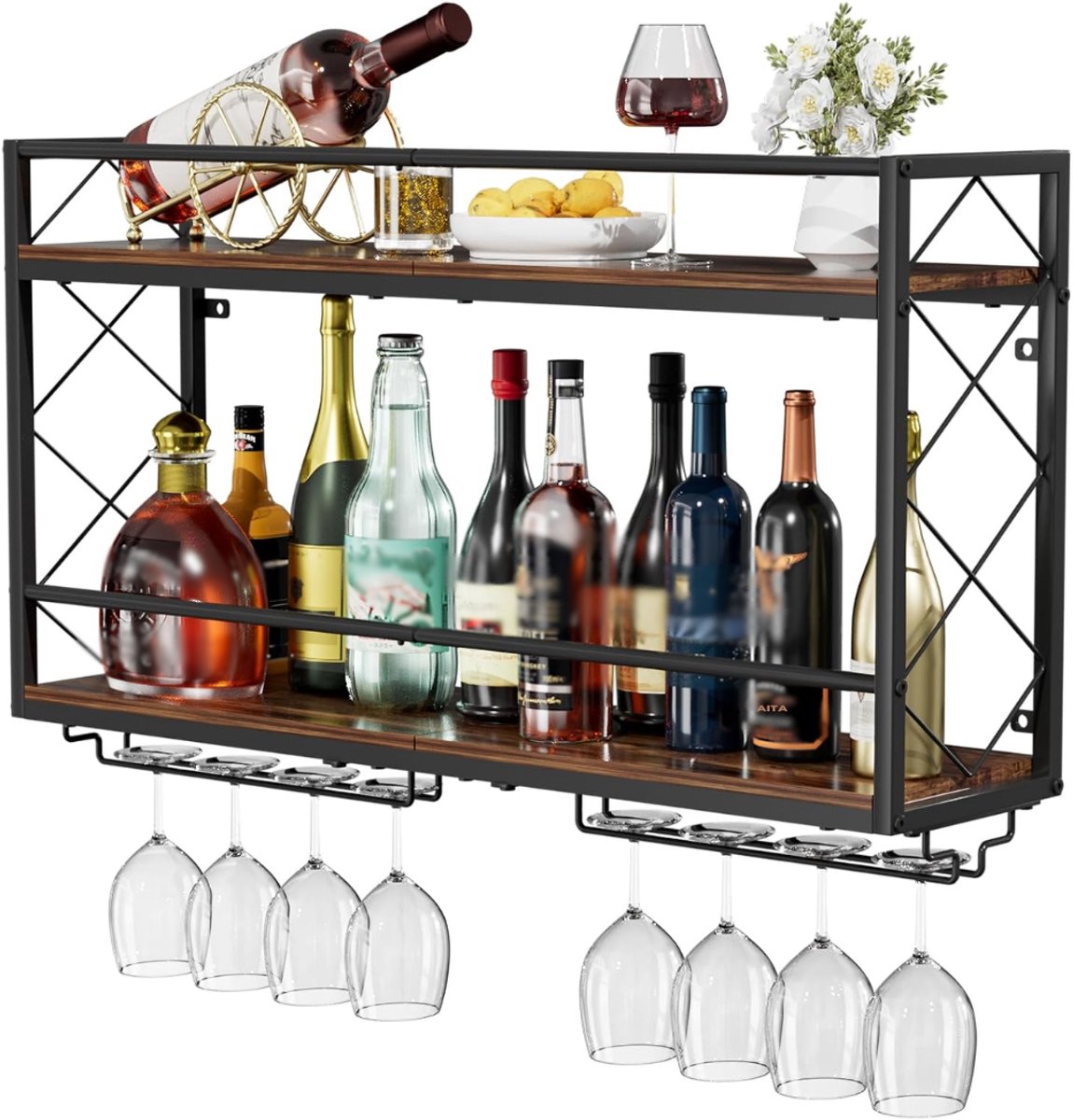SNJY® Wijnrek Muur - Wijnrek Hangend - Wijnrek Industrieel - 20L x 80,5B x 43H cm - Bruin/Zwart