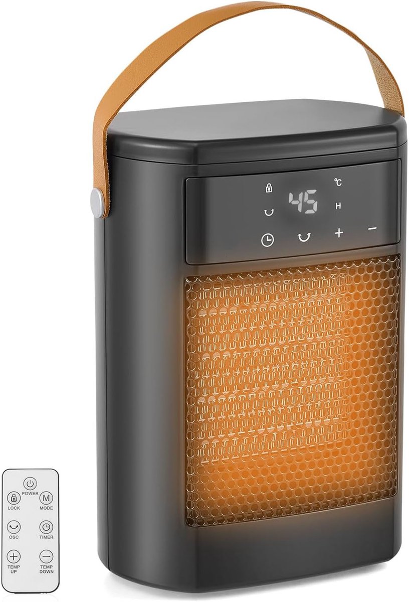 Elektrische Kachel 1500W Kleine Kachel Voor Thuis En Kantoor Tafelverwarmer Met Afstandsbediening 70° Oscillatie 2 Warmtestanden Kantelbeveiliging