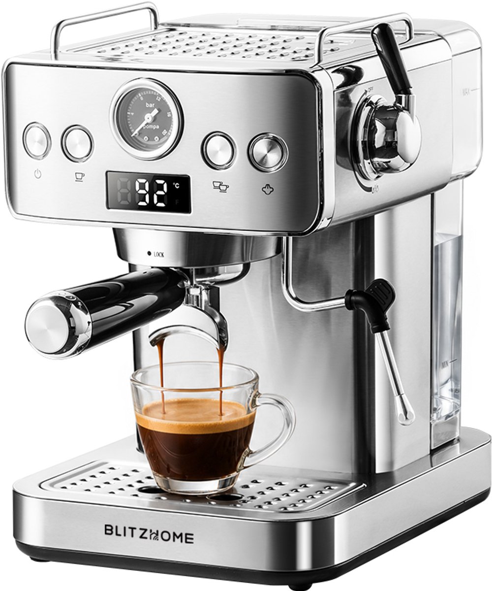 BlitzHome CM-601G Espressomachine Halfautomatisch 20 Bar – Espresso Apparaat met Melkopschuimer, PID Temperatuurregeling, Drukmeter en Thermoblock – Zilver