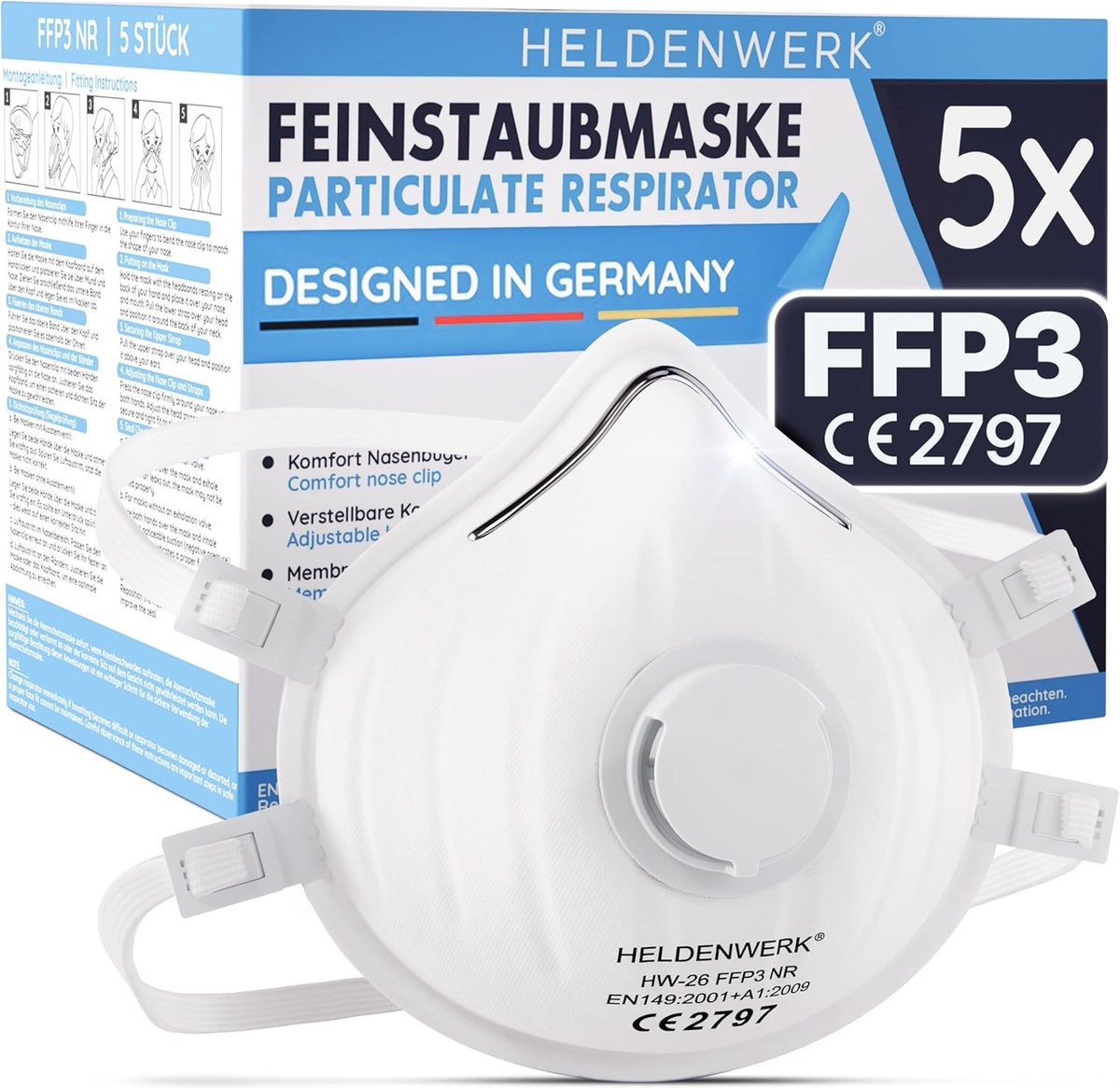 Thijox - FFP3 Masker met Ventiel, Gecertificeerd Ademend Stofmasker, Set van 5/10/20 Stuks, Verstelbare Achterhoofdband, Ideaal voor Bouwplaats, Stofb