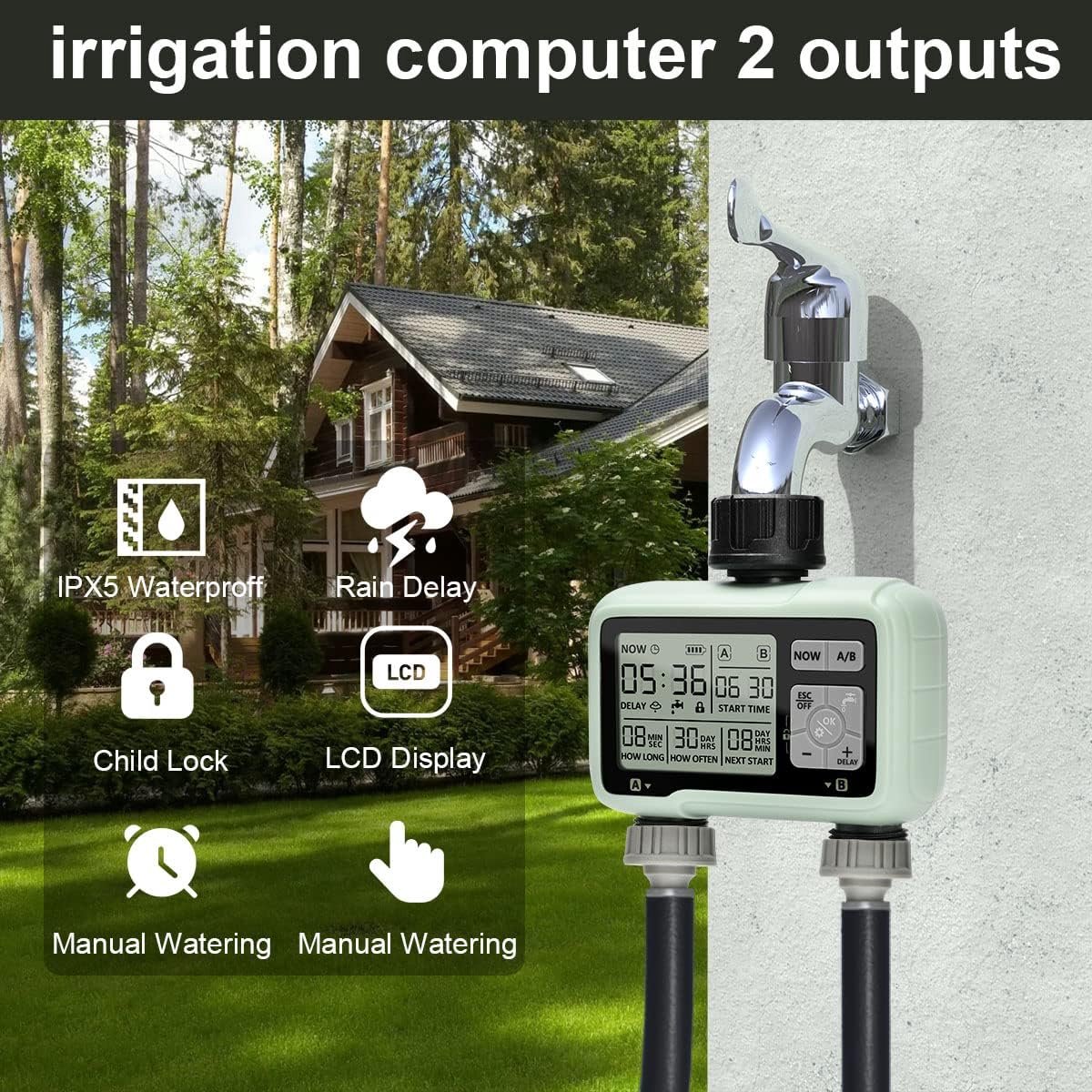SnelShoppen - Digitale Irrigatiecomputer met 2 Uitgangen - LCD Irrigatieklok - Automatische en Handmatige Waterbeheer - Tuin, Plant, Buiten, Tuinieren