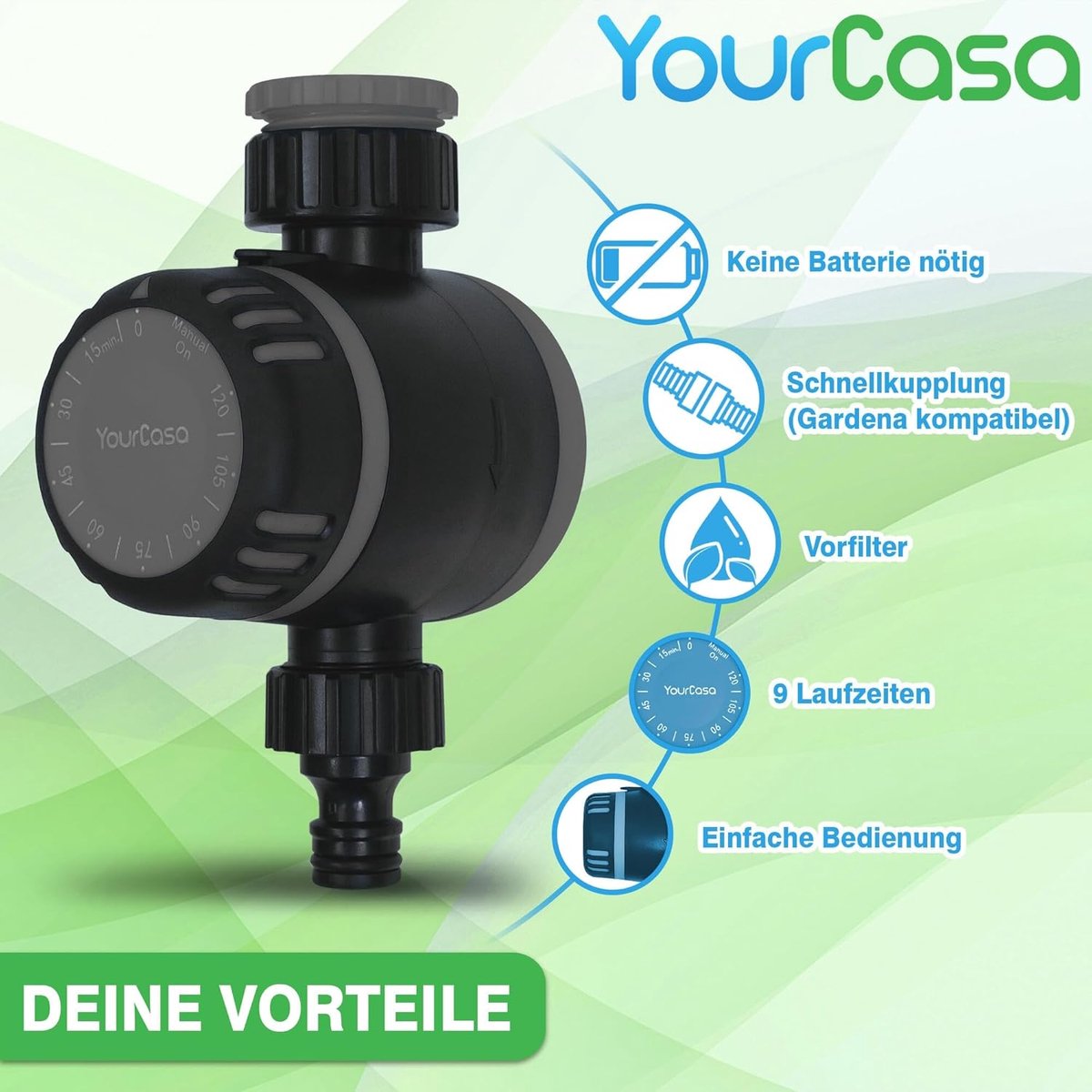 SnelShoppen - Irrigatieklok Mechanisch met Filter, 120 Minuten Timer met Slangkoppeling voor Tuin Irrigatie, Waterkraan, Watertimer, Antraciet