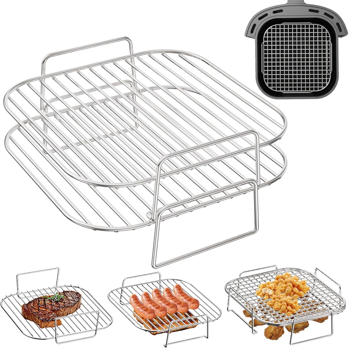 SnelShoppen Stapelbaar Grillrooster voor Airfryer Accessoires 2 Stuks Roestvrij Staal Geschikt voor 5-8 3L Mand Perfect voor Keuken Feest en B