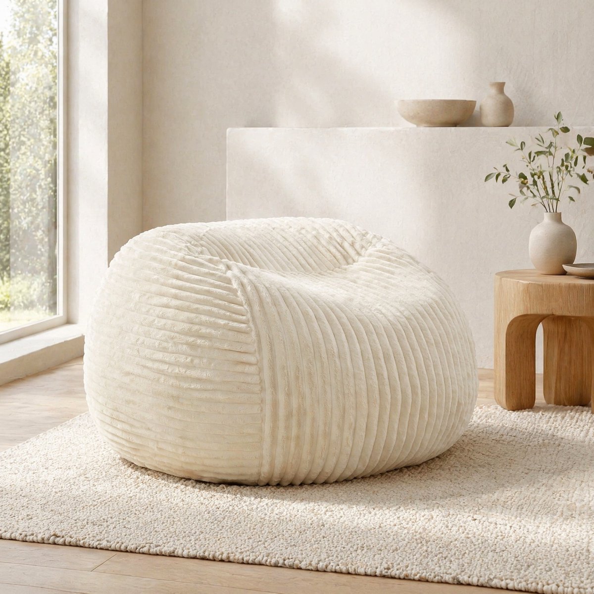MODENUIT Zitzak 85 x 85 x 60 cm - Traagschuim en Rugsteun - Voor Woonkamer en Slaapkamer - Polyester Beige