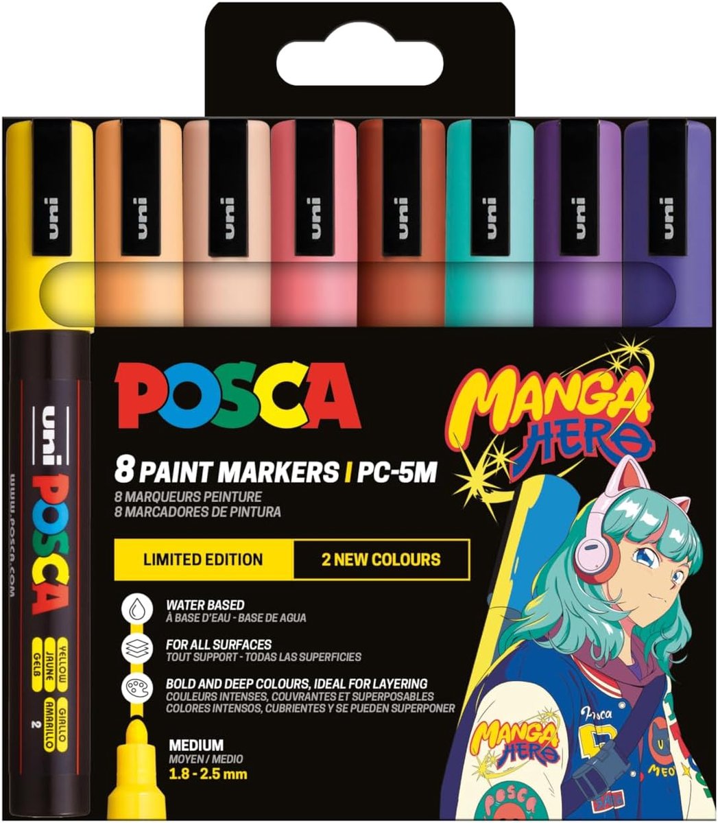 Thijox - POSCA Marker Set Manga Hero, 8 Acrylstiften voor Creatieve Projecten, Permanente Marker met Ronde Punt PC-5M, Dekkende Kleurresultaten op Hou