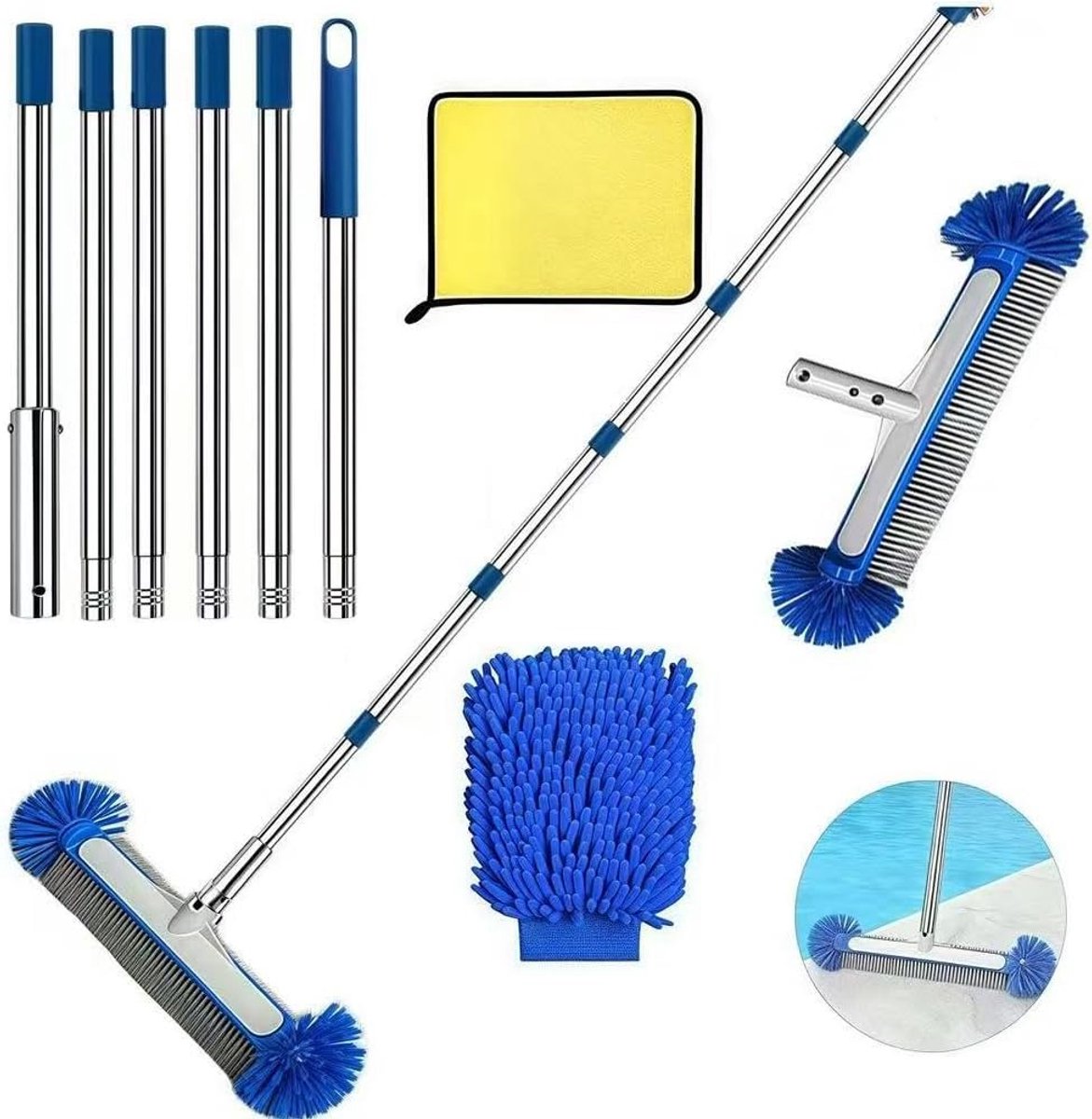 SnelShoppen - Pool Brush Set 230 cm, Telescopische Poolborstel 45 cm, Poolreinigingsset met Rvs Stelen, Schoonmaakdoek en Was Glove voor Makkelijk Poo