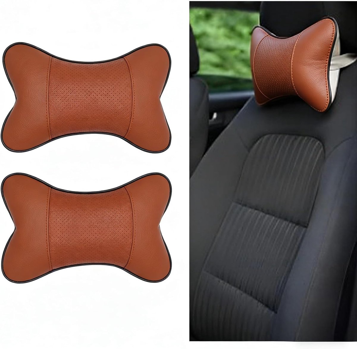 SnelShoppen - 2Pcs Auto Ne k Pillow, PU Leder Hoofdkussen, Zacht Ademend Auto Cervicale Kussen voor Auto Zitplaats Hoofsteun (Bruin)