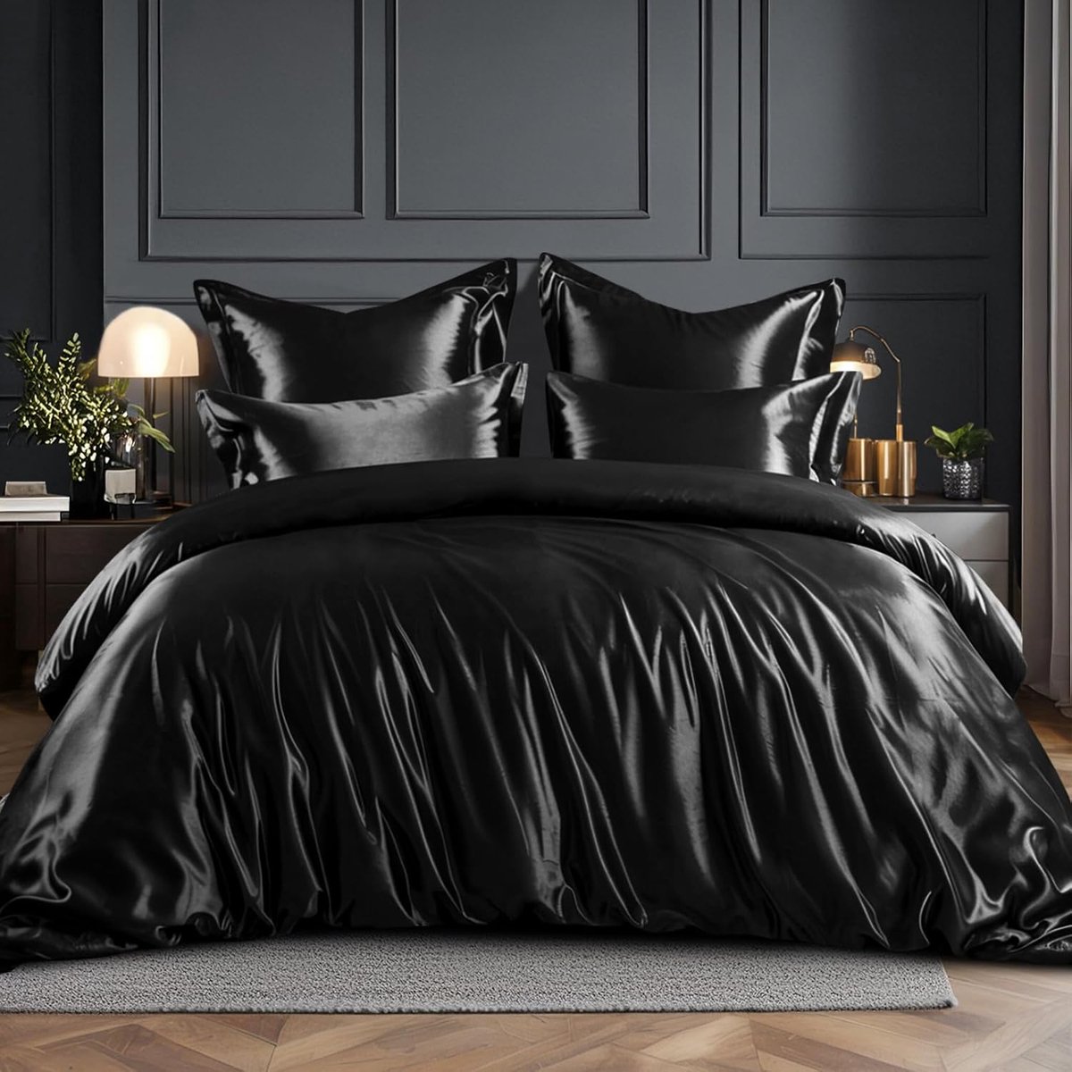 SnelShoppen - Satin Beddegoed Set 200 x 220 cm, Luxe Zijden Duvet Dekbedovertrek, Zwart Glanzend, Katoenen Kussenslopen voor Huid en Haar, Met Rits Sl