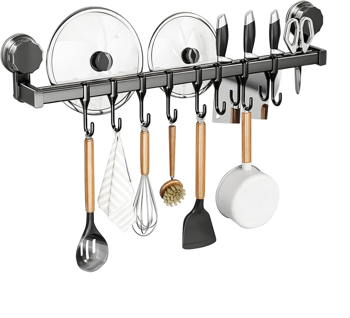 SnelShoppen - Keuken Gereedschap Houder zonder Boren, Dubbele Stang met Zuignap, 8 Verplaatsbare Haken, 40cm, 20kg Draagvermogen, Aluminium Organizer