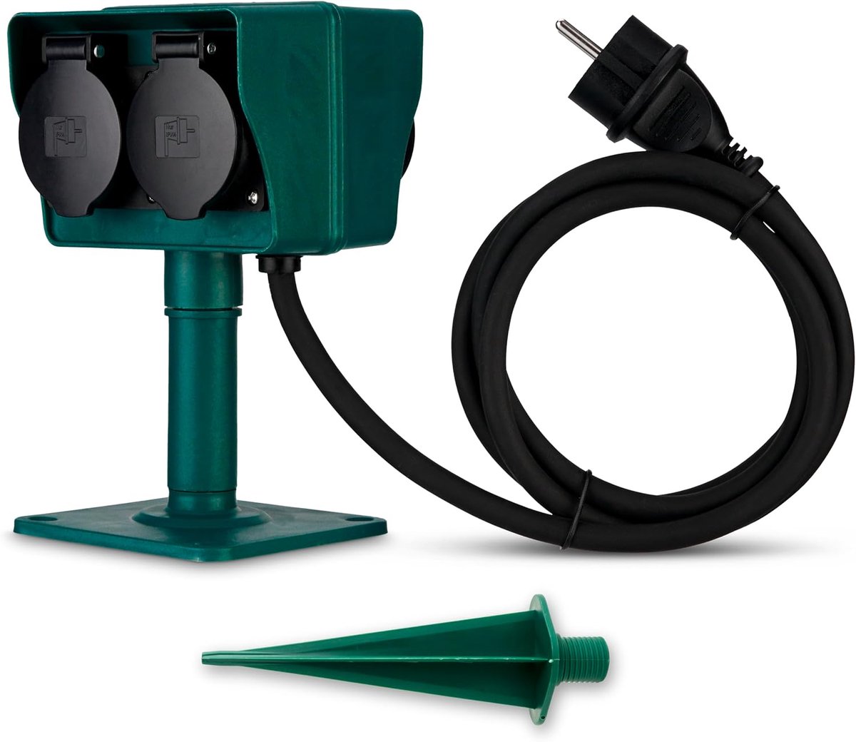 Thijox - Tuinstopcontact Buiten - 4-voudig Spatwaterdicht IP44 - 1,4 m Rubber Kabel - Inclusief Bodemplaat en Grondpen - Groen voor Tuin, Camping en F