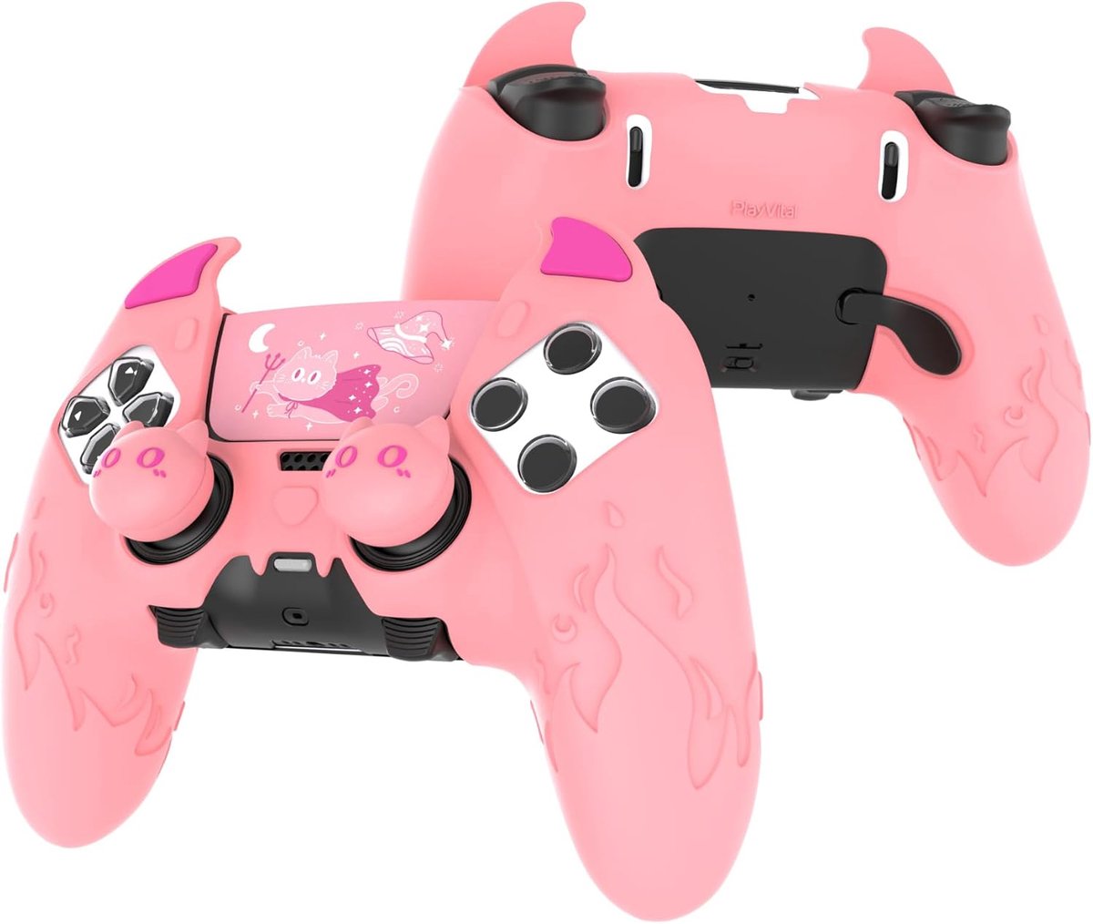 SnelShoppen - PlayVital Cute Demon Silicone Case voor PS5 Edge Controller - Kawaii Beschermhoes - Gamepad Skin - Roze met Touch Pad Sticker & Thumb Gr