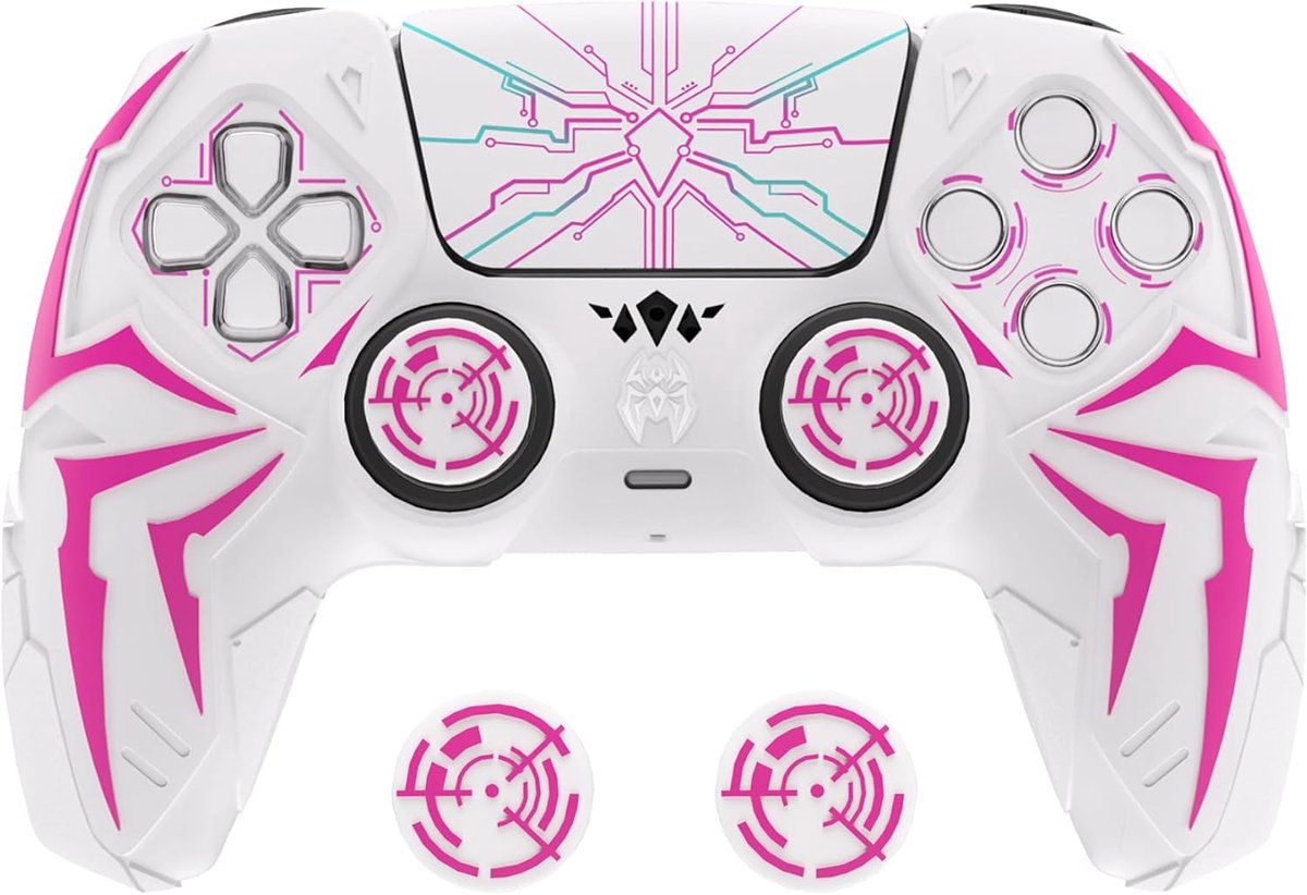 SnelShoppen - PS5 Controller Silicone Case met 2 Inch Grip, Cyber Spider Design, Slip Resistant, Shockproof Cover in Wit & Roze met Stickers