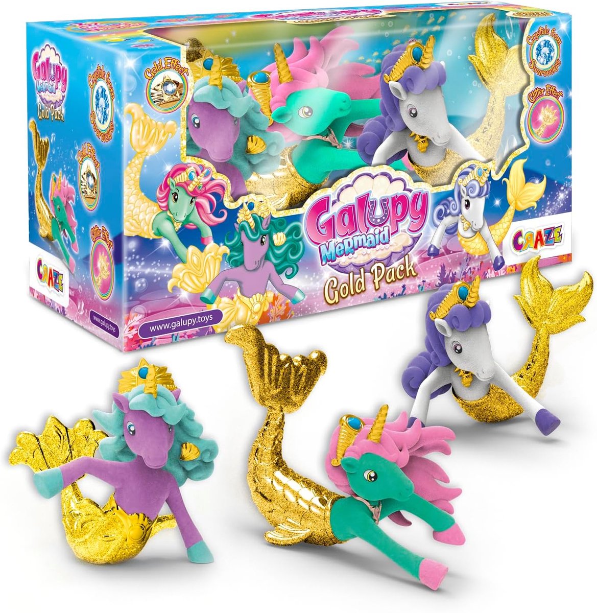 SnelShoppen - Galupy Mermaid Gold Edition - 3x Unieke Eenhoorn Figuren met Glanzende Gouden Staarten - Verzamelbare Unicorn Speelgoed voor Meisjes - G