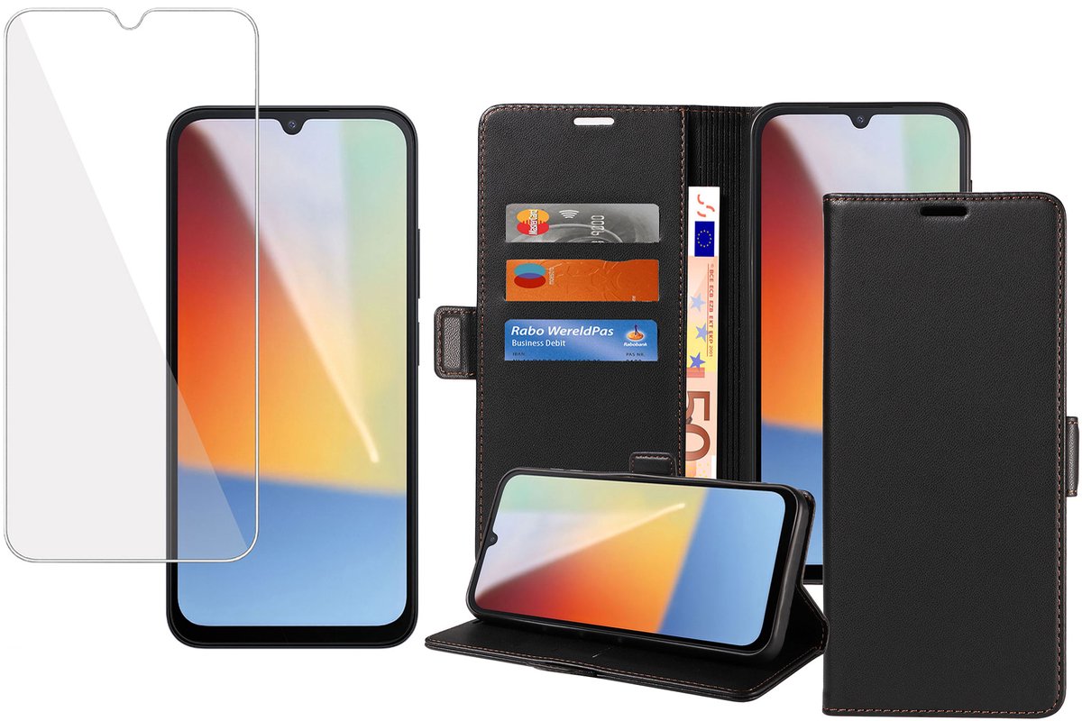 Book Case & Screenprotector geschikt voor Xiaomi Redmi A7 Pro Hoesje Screenprotector - Gehard Glas Cover + Magnetische Sluiting - Portemonnee Rustic Zwart