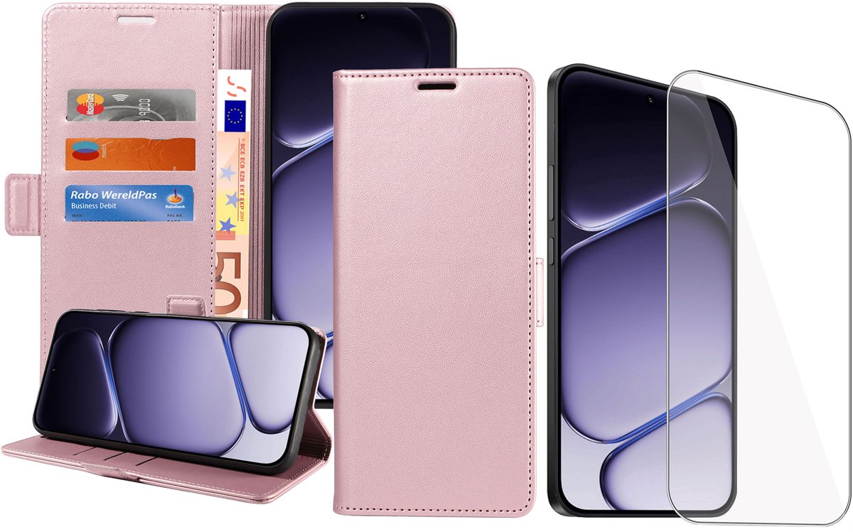 Book Case & Screenprotector geschikt voor OnePlus Nord 6 Hoesje Screenprotector - Gehard Glas Cover + Magnetische Sluiting - Portemonnee Rose