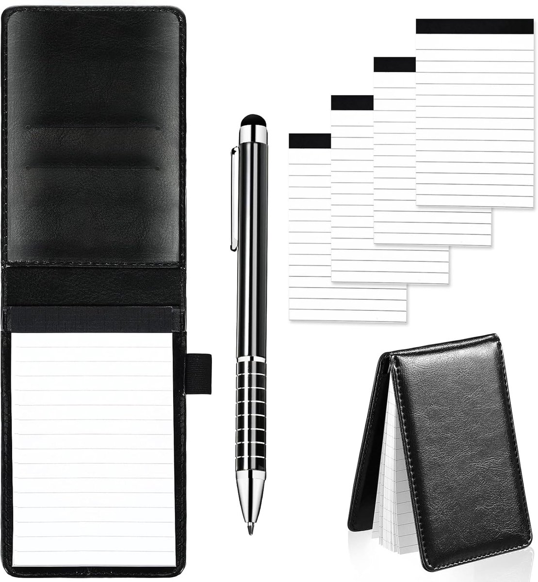 Thijox - Mini Notitieboek A7-Set met 4 Reserveblokken, Pen en Klein Notitieblok, Zwart, Perfect voor Thuis, School en Kantoor, Compact en Handzaam