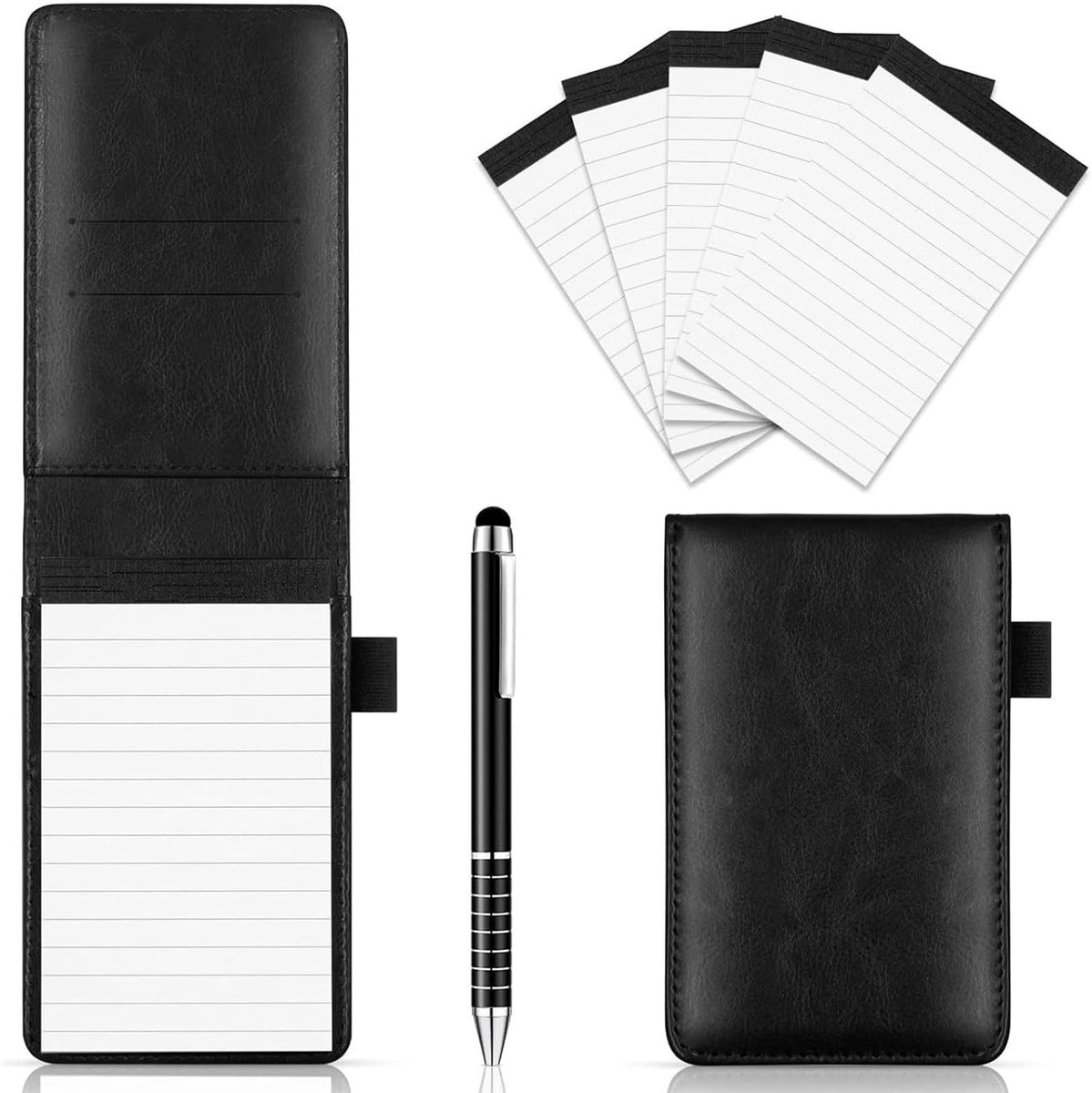 SnelShoppen - Comioke Mini Notepad A7, Compact Pocket Notitieboek met Pen, 4 x 60 Vervang Notebooks, Lederen Notitieboek voor School, Thuis en Kantoor