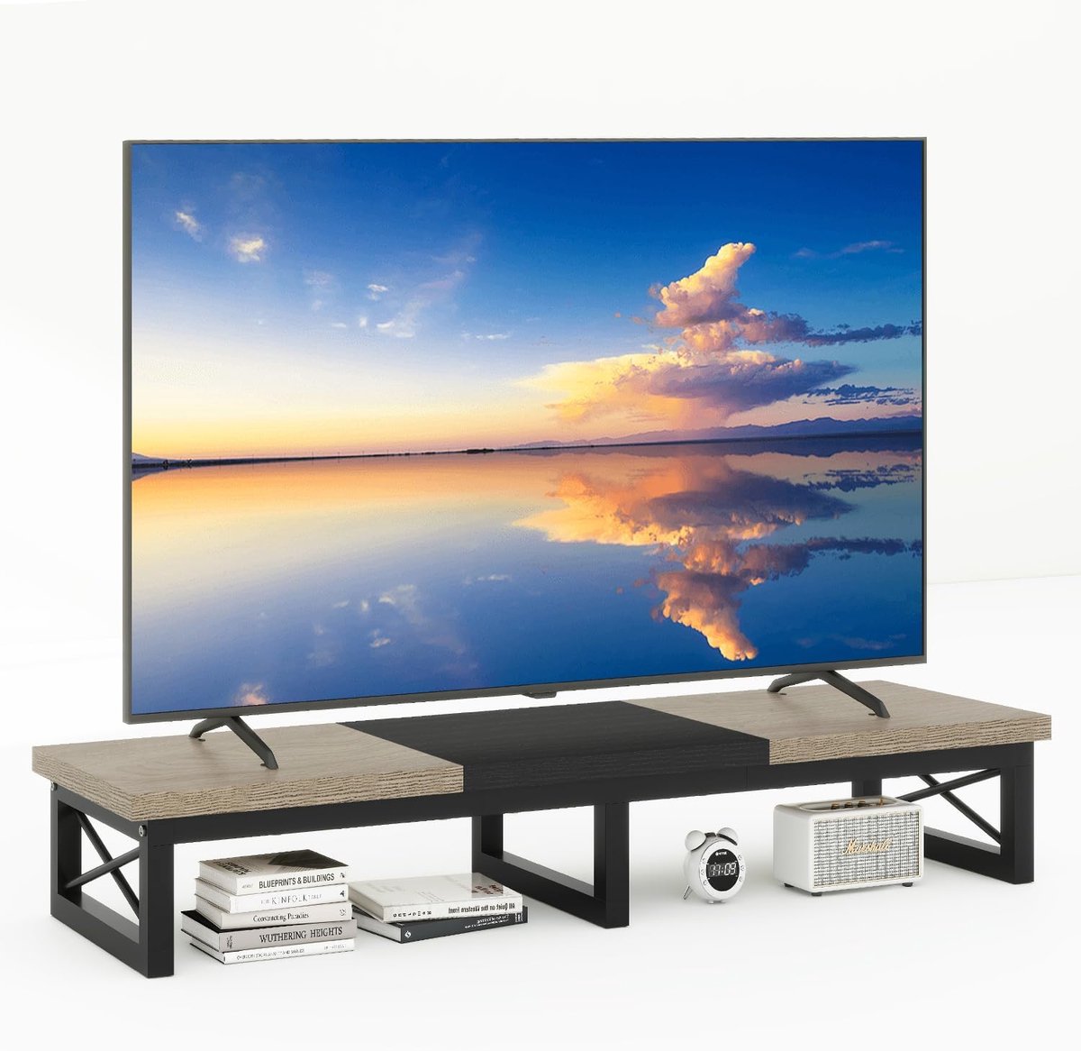 SnelShoppen - TV Meubel Tafel 114 cm, TV Stand voor 60 Inch Televisie met 2 Open Opbergplanken, Greige Zwart, Ideaal voor Woonkamer en Slaapkamer