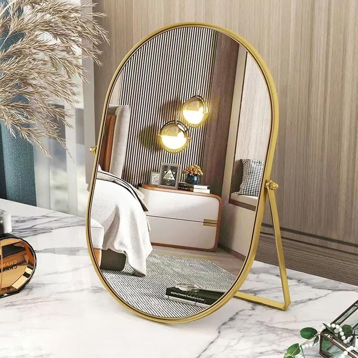 SnelShoppen - Ovalen Gouden Tafel Spiegel met Metaal Frame - Draagbare Eenzijdige Draaiende Tafel Top Hoge Definitie Make-Up Spiegel voor Vanity Tafel