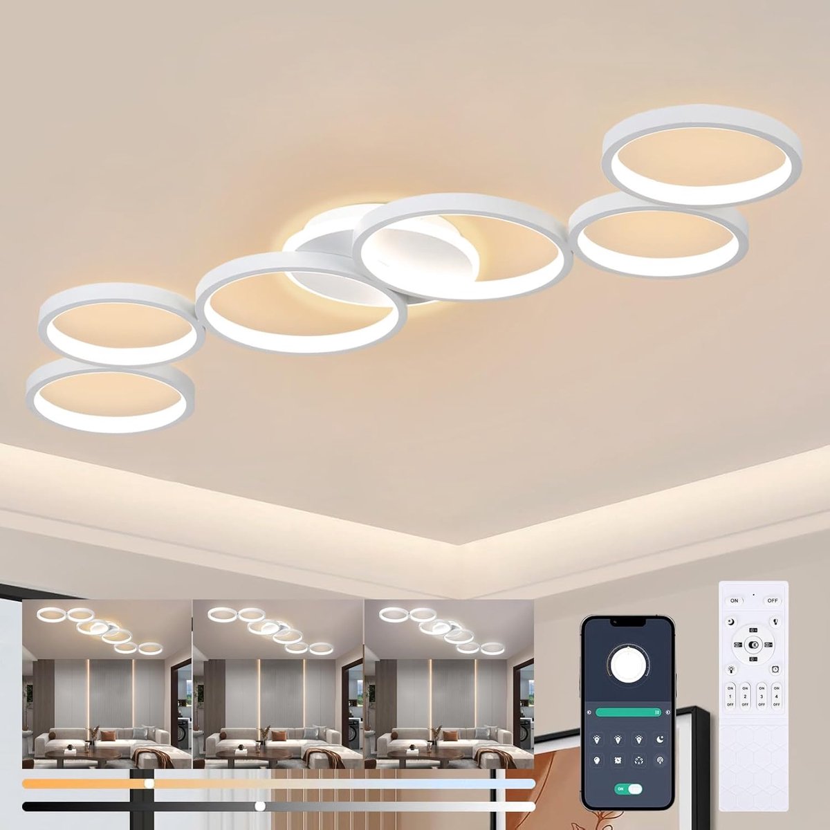 SnelShoppen - 113cm Dimbare LED Plafondlamp Woonkamerlamp met Afstandsbediening en App, Moderne 6-Ronde Ring Plafondverlichting, 69W Slaapkamerlamp me