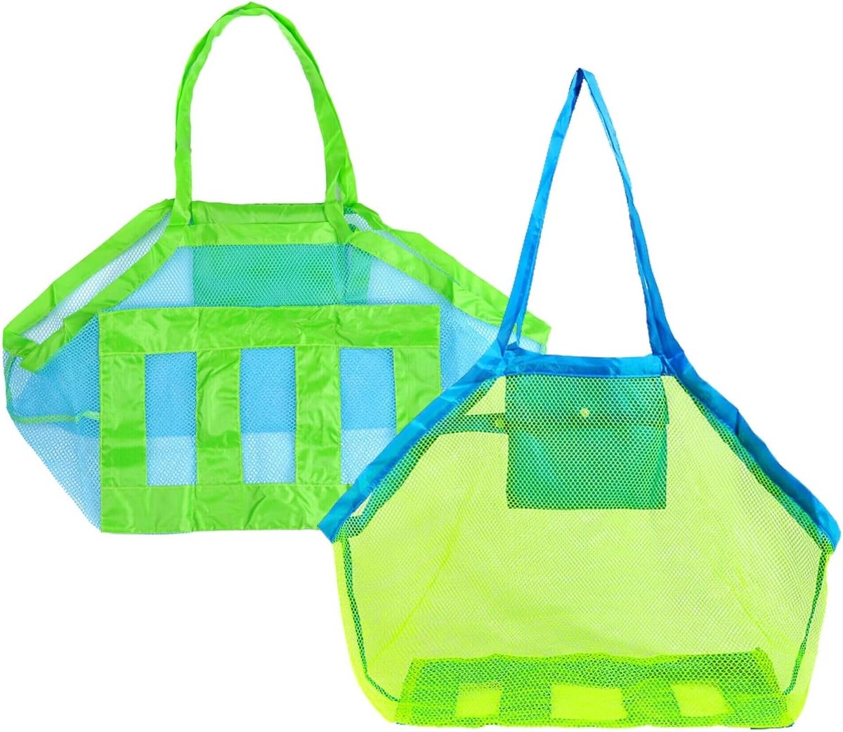 SnelShoppen - Grote Mesh Strandtas Set - 2 Stuks Blauw en Groen - Opvouwbare Strandtas voor Kinderen - Ideaal voor Zand Speelgoed, Zwemaccessoires, Va