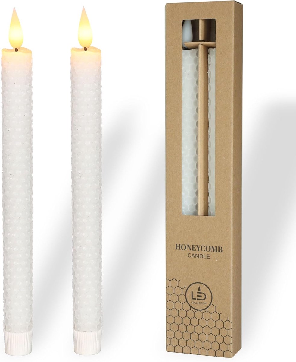 SnelShoppen - Real Wax Flickering Flame LED Kaarsen Set van 2, Elektrische Stokkaarsen met Timerfunctie, Batterij Aangedreven Kaarsen, Honigraat Optie