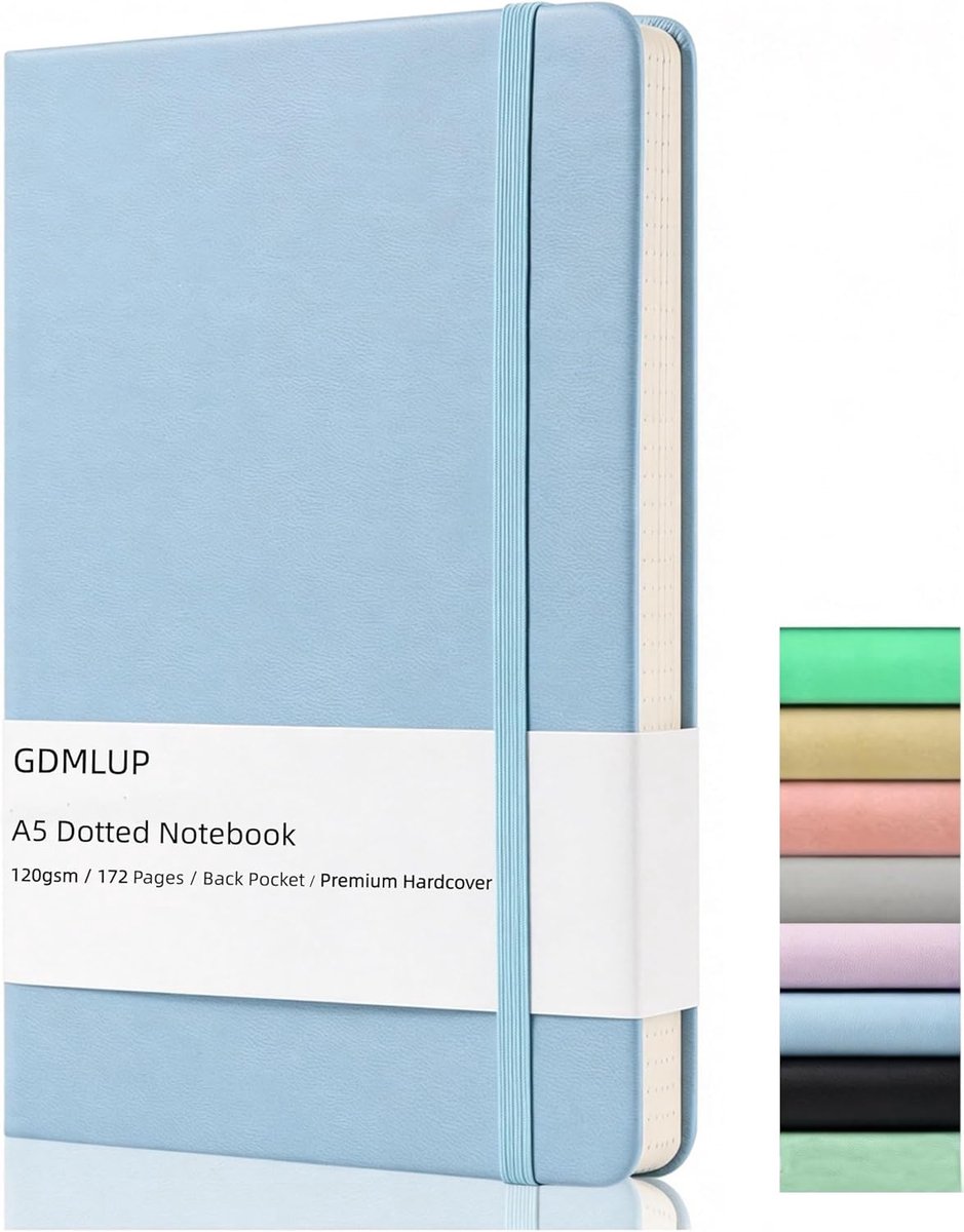 SnelShoppen - A5 Dotted Journal - Premium Hardcover Notitieboek met 120GSM Dikte, 172 Pagina's, Achterzak, Elastiek, 2 Markeer Ribbons, Blauw, Ideaal