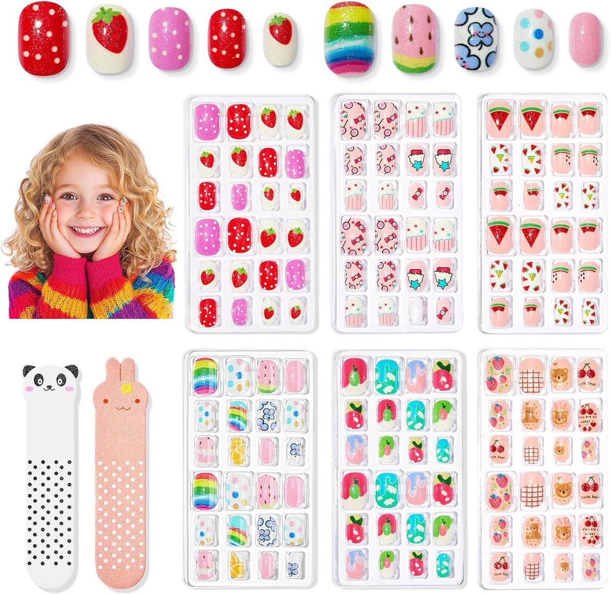 SnelShoppen - 144 Kindernagelspitzen Set voor Kinderen, 6 Schachteln met 24 Nagelkunstdelen, Kindernägel zum Aufkleben, Schattige Cartoon-Design, Veil
