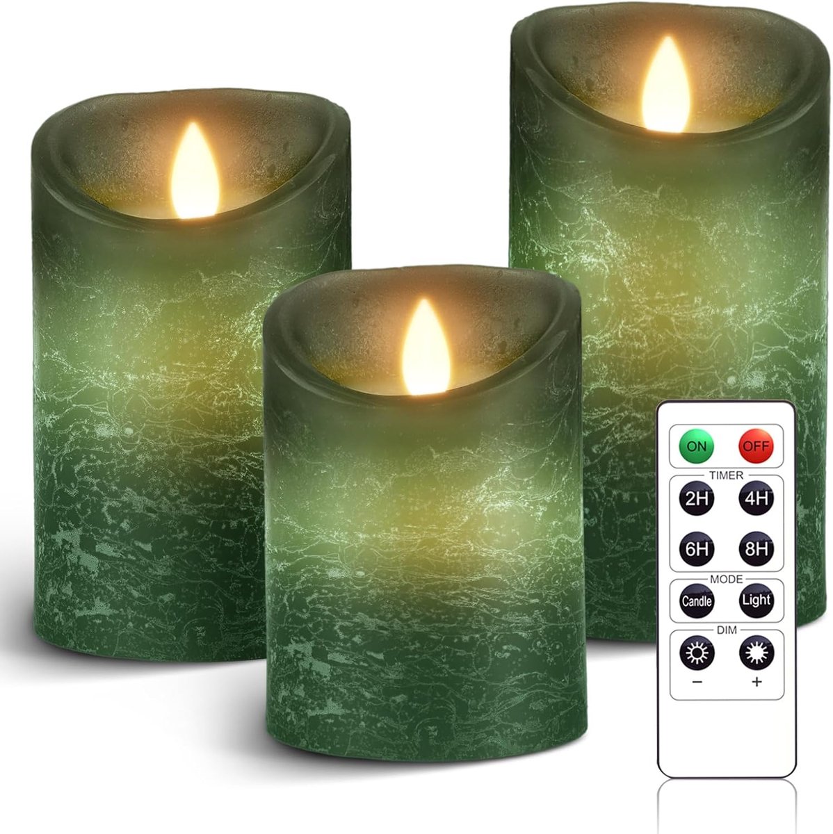 Thijox - Set van 3 Groene LED-Kaarsen met Afstandsbediening - Vlamloze Echte Was, Flikkerende Lont, Amber Geel Licht, Pilaerkaarsen, Ongeparfumeerd vo