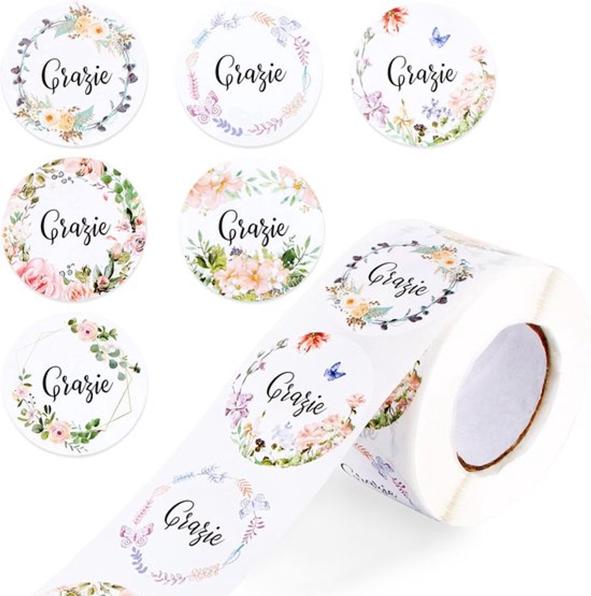 Zelfklevende etiketten, 4 cm, Italiaanse woorden, gracie, stickers, rol, kunstdrukpapier, cadeauzakjeslabels, envelop, cadeau, verjaardag, bruiloft, etc.