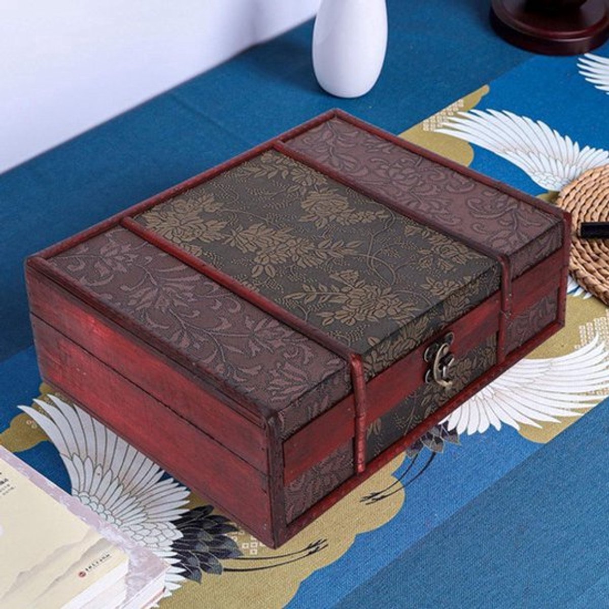 Vintage houten opbergkist met gouden druiven - Decoratieve schatkist voor sieraden, boeken en kaarten
