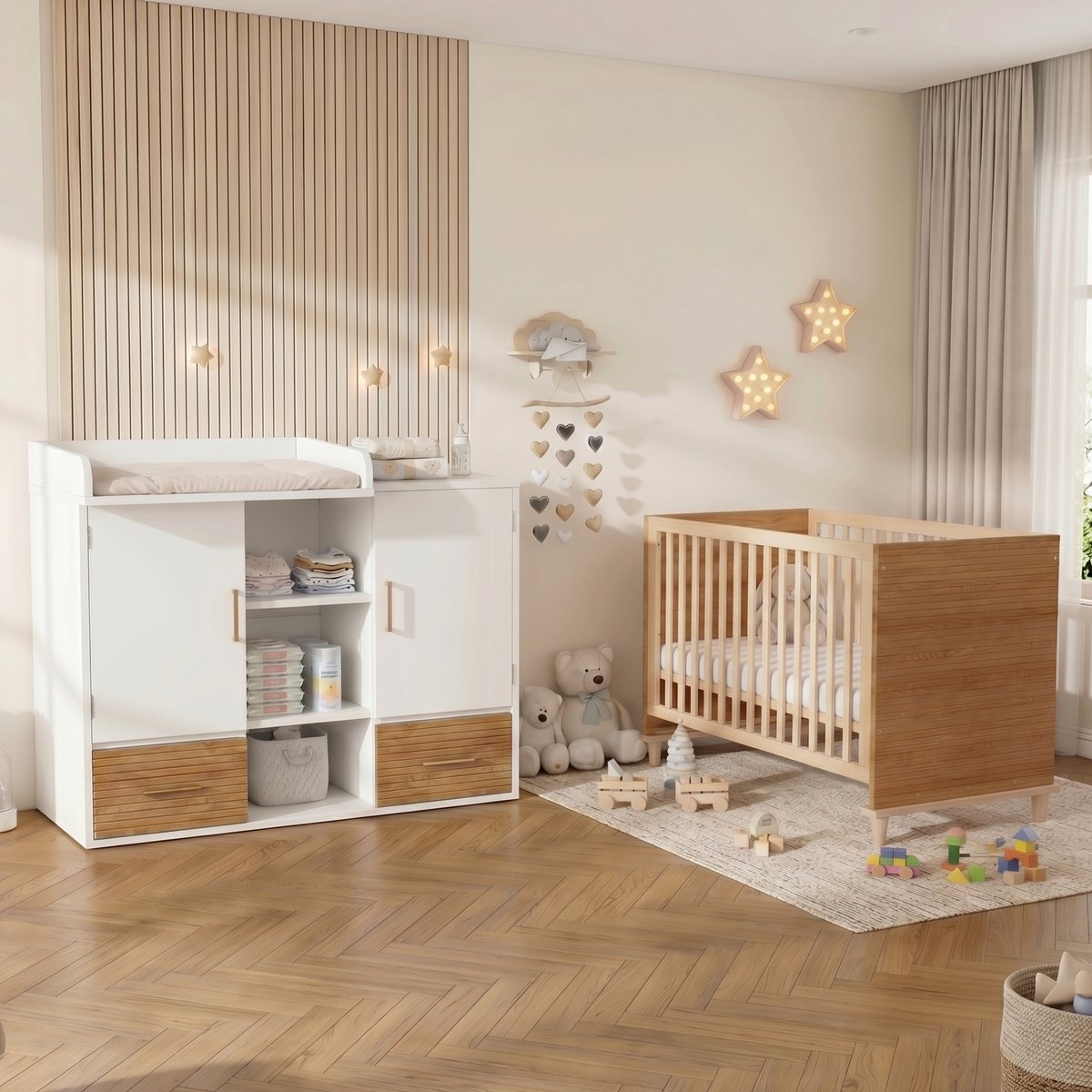 STILVORA Babybed 70x140 cm – 5-Voudig Verstelbaar Ledikant – Met Commode – Voor Babykamer – Hout En MDF – Naturel Wit – Zonder Matras