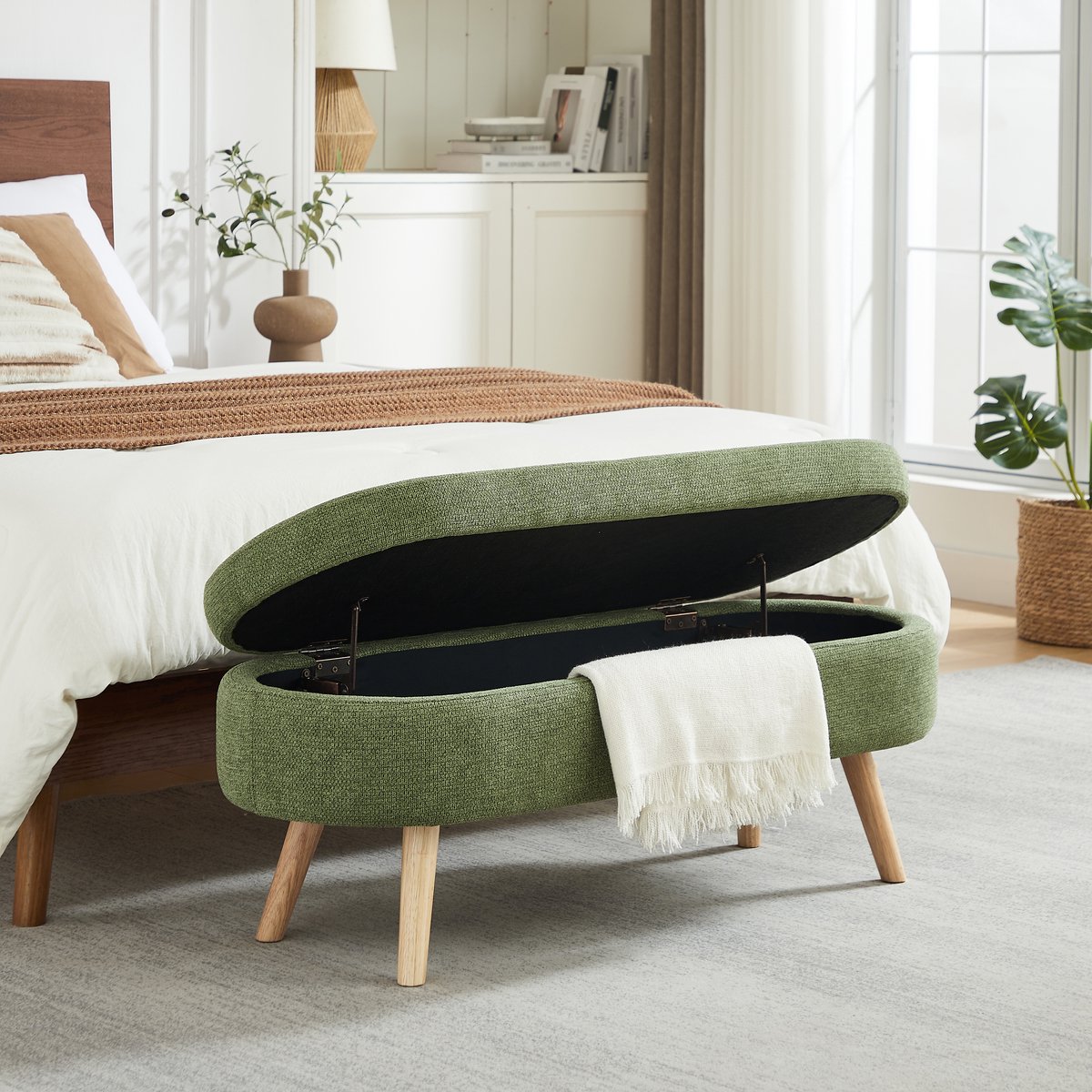 FloraGrace Bankje 110 Cm - Met Opbergruimte En Ventilatieopeningen - Voor Slaapkamer, Hal Of Woonkamer - Chenille - Groen