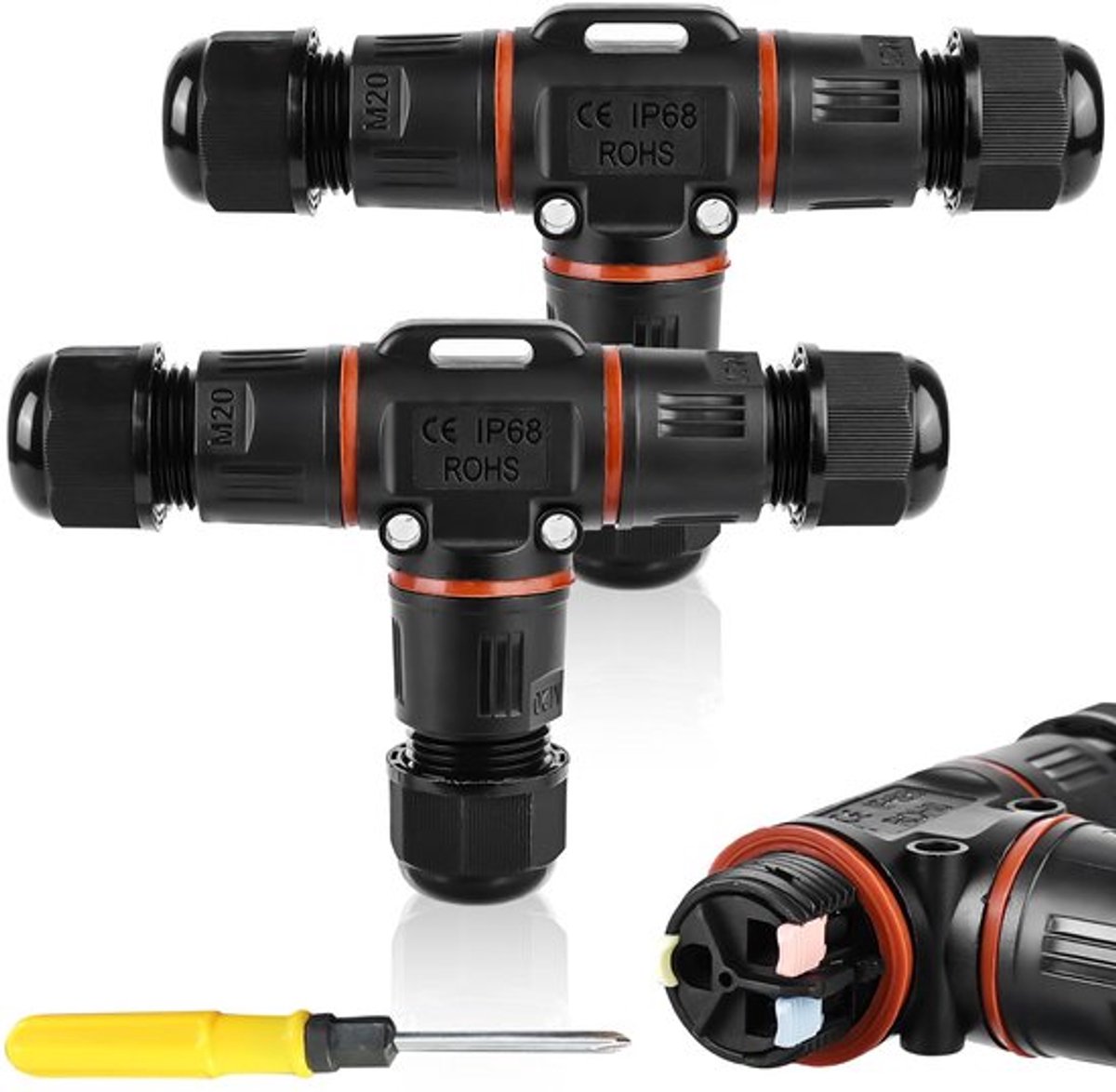 3-polige kabelconnector, waterdicht IP68, T-vormige kabelconnector, waterdicht, 3-polige aardkabel, aansluitmof voor kabeldiameter 3-12 mm, 2-voudige waterdichte aansluitdoos voor tuin en