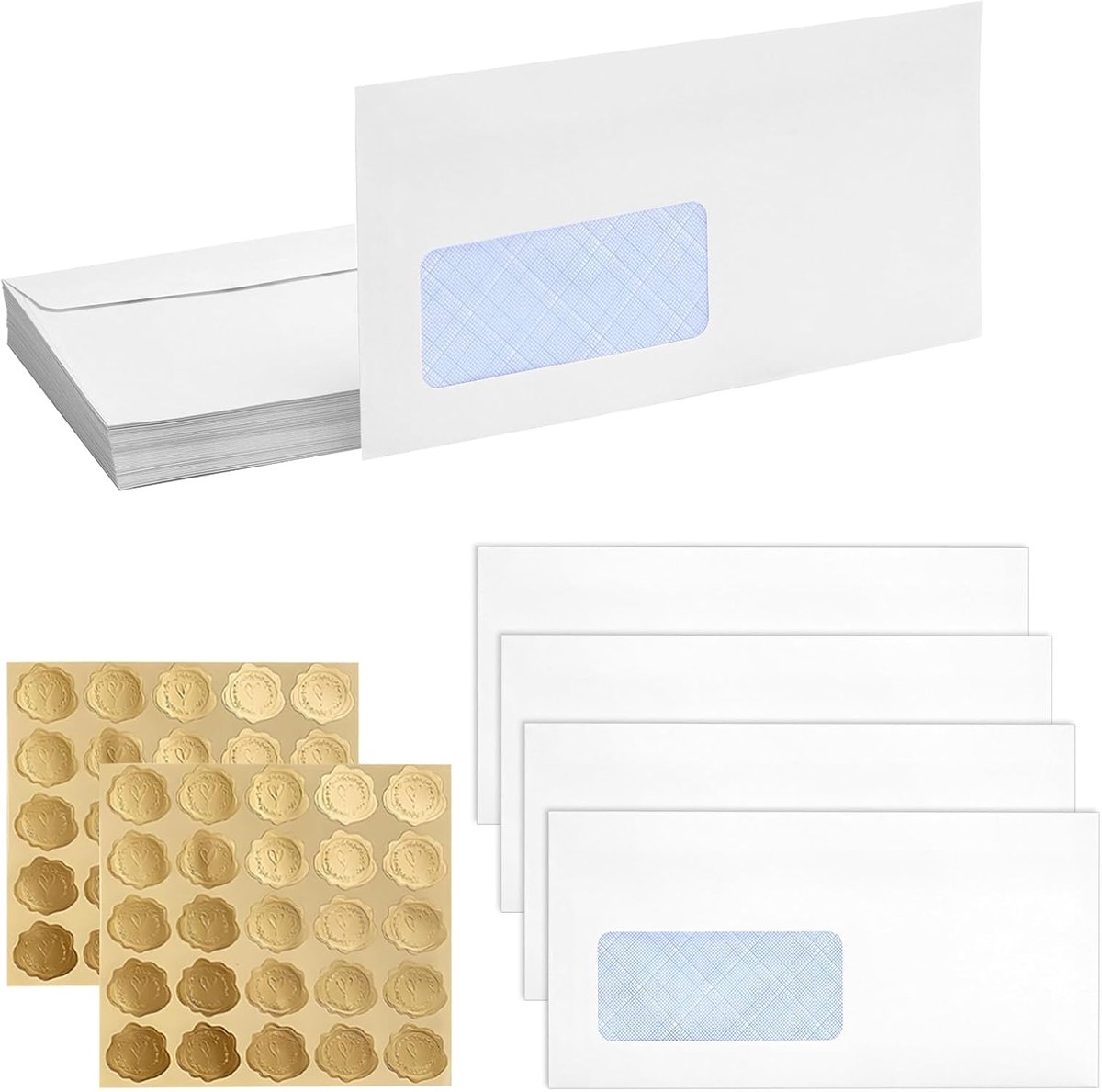 Thijox - Enveloppen met Venster 100 Stuks - Dubbel Zelfklevend Papier - 225 x 115 mm - Inclusief 125 Goudkleurige Zegelstickers - Voor Facturen, Briev