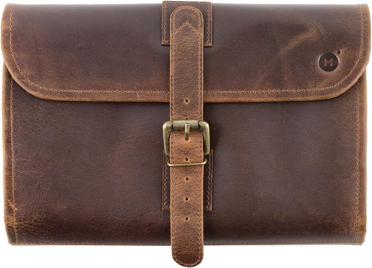 Thijox - Hangende Toilettas Dames & Heren voor Reizen - Echt Buffelleer & Groen Canvas - Opvouwbaar & Ophangbaar - Multi-Pocket met Koperen Haak & YKK