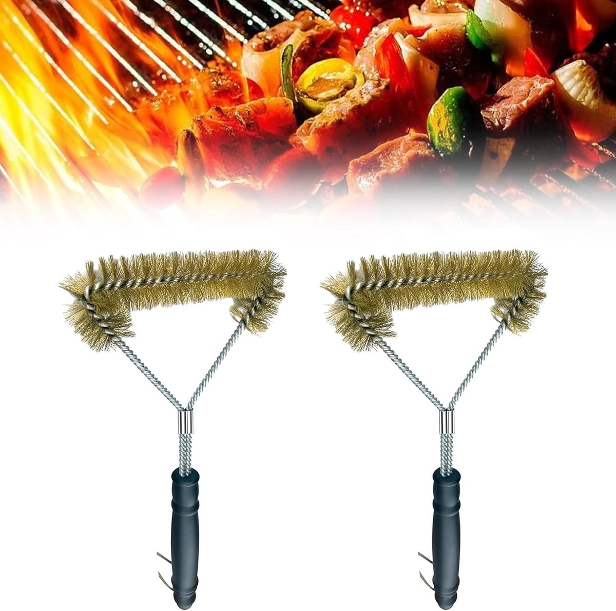 SnelShoppen - Brass Grill Borstels Set van 2 - 30.5 cm Reinigingsborstel met PP Hittebestendige Handgreep - Driehoekige 360° Reiniging - BBQ Accessoir