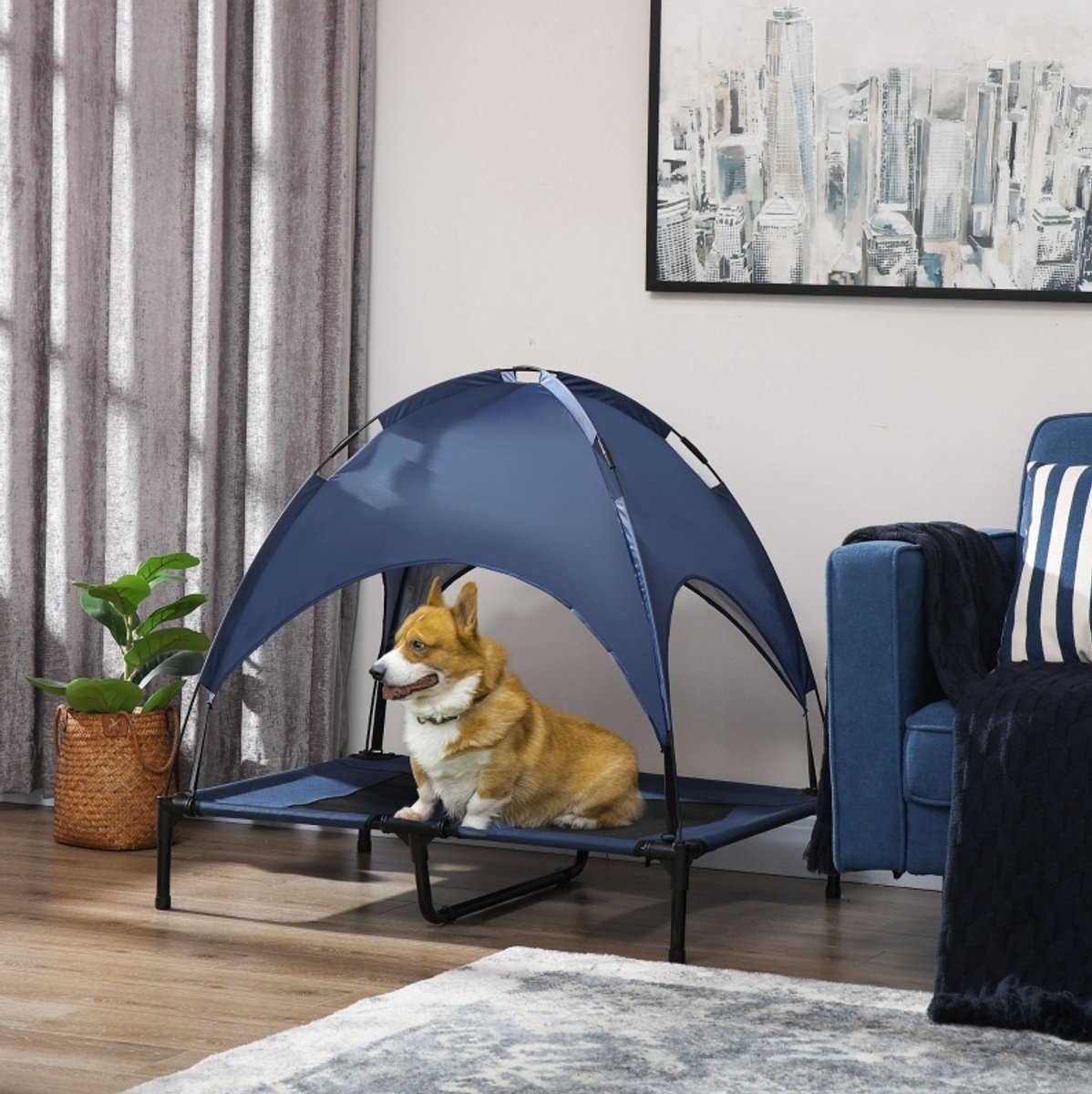 DESMIU Dierenmand – Verhoogd Ligcomfort – 92 x 76 x 90 cm – Staal En Oxfordstof – Donkerblauw En Zwart – Opvouwbaar Voor Buiten