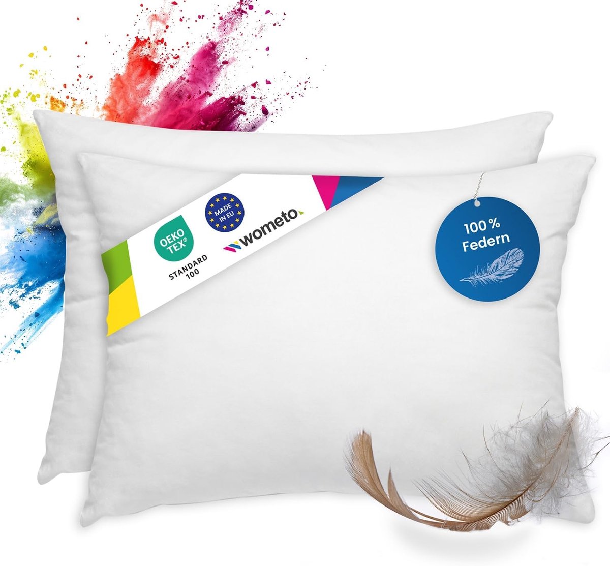 SnelShoppen - Set van 2 Kussens 30x50 cm, 100% Veer Kussens, Witte Kussens met Katoenen Hoes, Wasbaar Kussen voor Bed, Bank en Camping