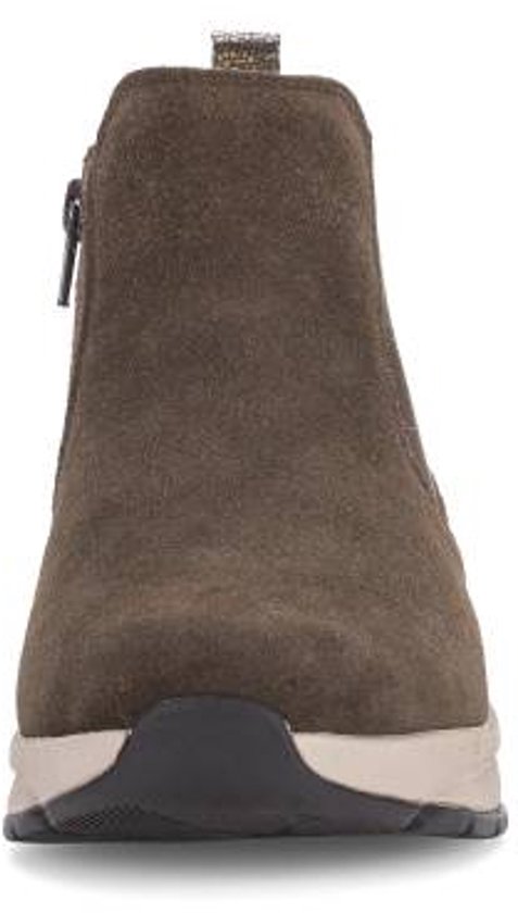 Vooraanzicht van bruin suède enkellaarsje met ritssluiting, beige zool en glitterdetail.