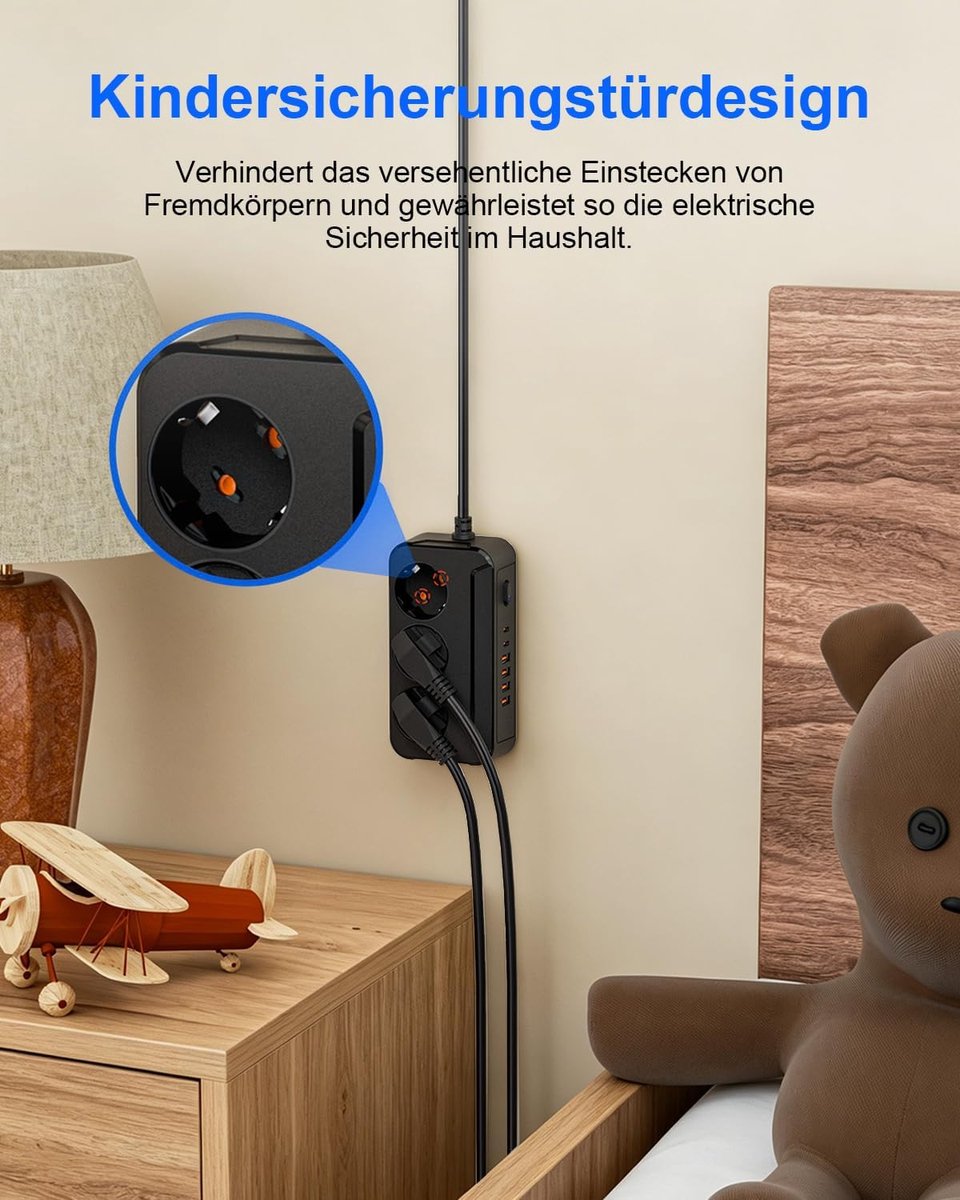 SnelShoppen - Meervoudige stekkerdoos 3-voudig met 4 USB-A en 2 USB-C, wandmontage, schakelaar, 1,8 m kabel, 2500 W, zwart, ideaal voor keuken en kant
