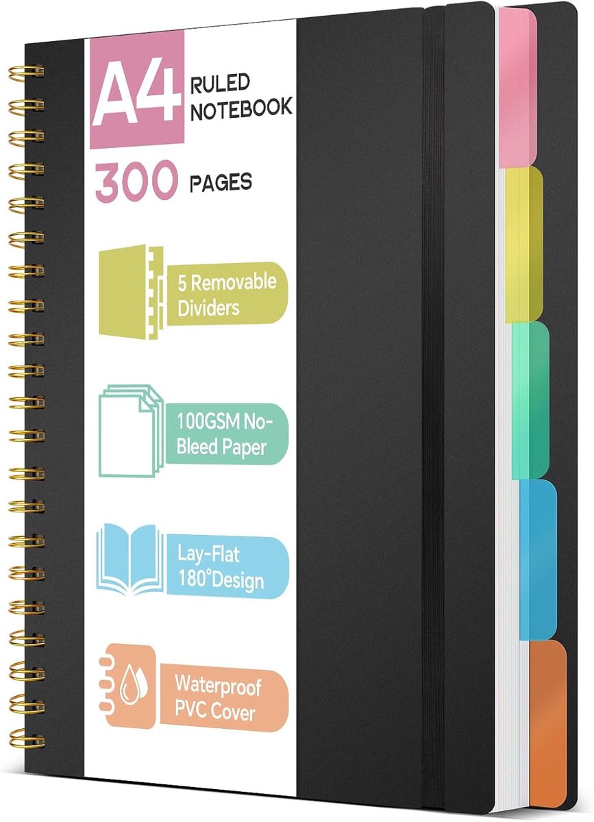 SnelShoppen - A4 Notitieboek met Register, 300 Pagina's, 100gsm Niet-Translucent Papier, PVC Hardcover, Spiral Binding voor School, Kantoor en Cadeaus